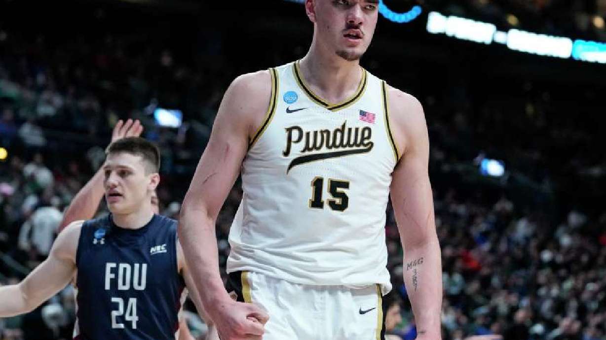 FILE - Purdue center Zach Edey (15) reacts after being fouled by Fairleigh Dickinson in the second half of a first-round college basketball game in the men's NCAA Tournament in Columbus, Ohio, Friday, March 17, 2023. Edey was honored Friday, March 31, 2023, as The Associated Press men's college basketball Player of the Year.