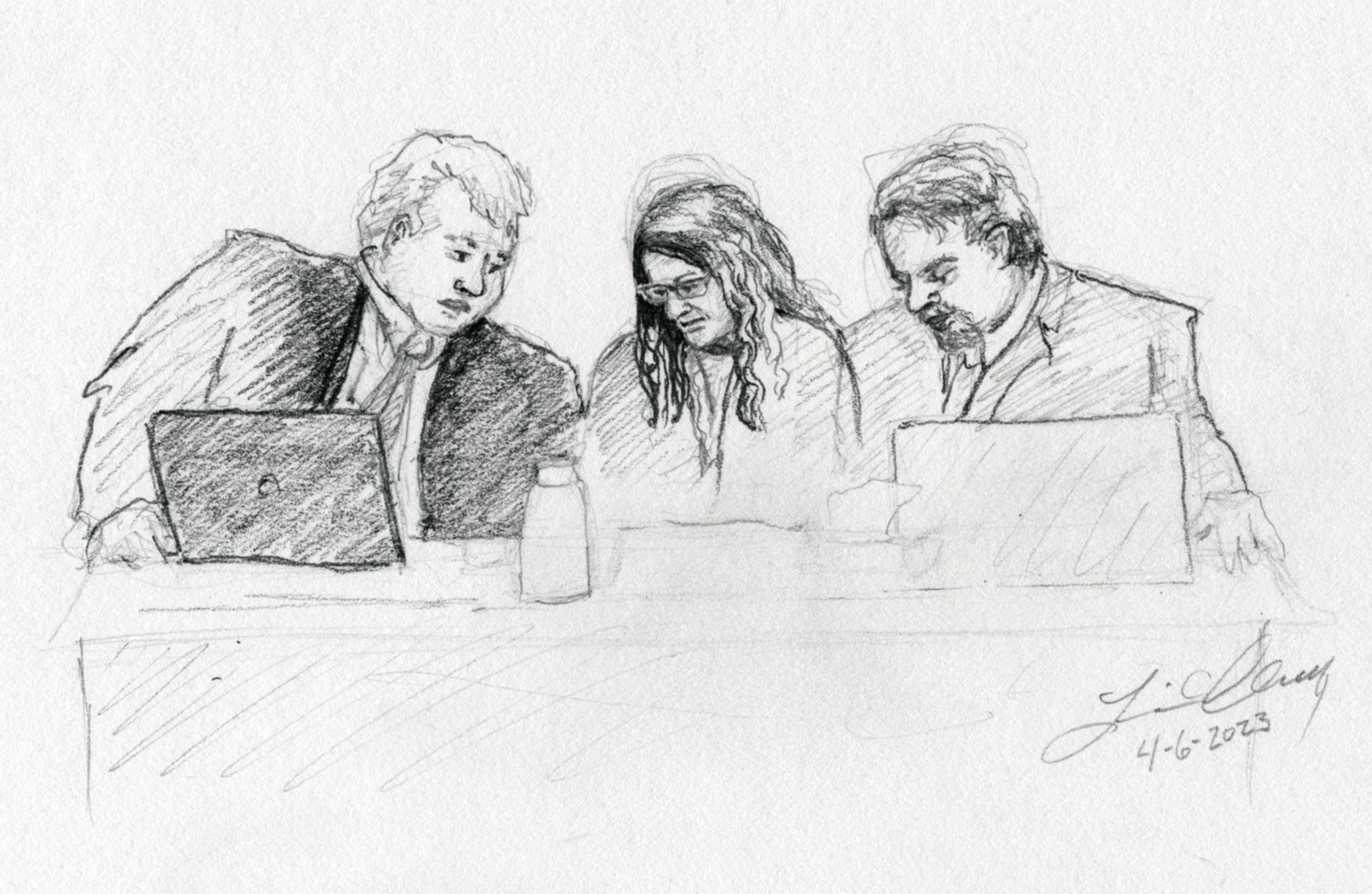 A drawing shows Lori Vallow Daybell sitting between attorneys John Thomas and Jim Archibald Thursday in Boise. A total of 45 Ada County residents were in the final jury pool which was reduced to 18 jurors on Friday morning.