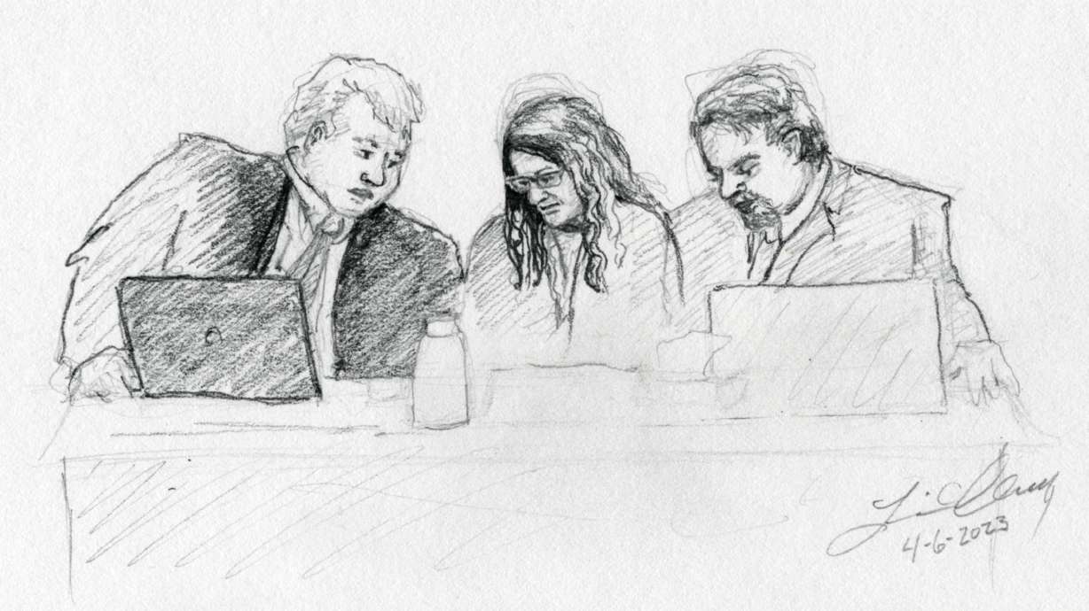A drawing shows Lori Vallow Daybell sitting between attorneys John Thomas and Jim Archibald Thursday in Boise. A total of 45 Ada County residents were in the final jury pool which was reduced to 18 jurors on Friday morning.