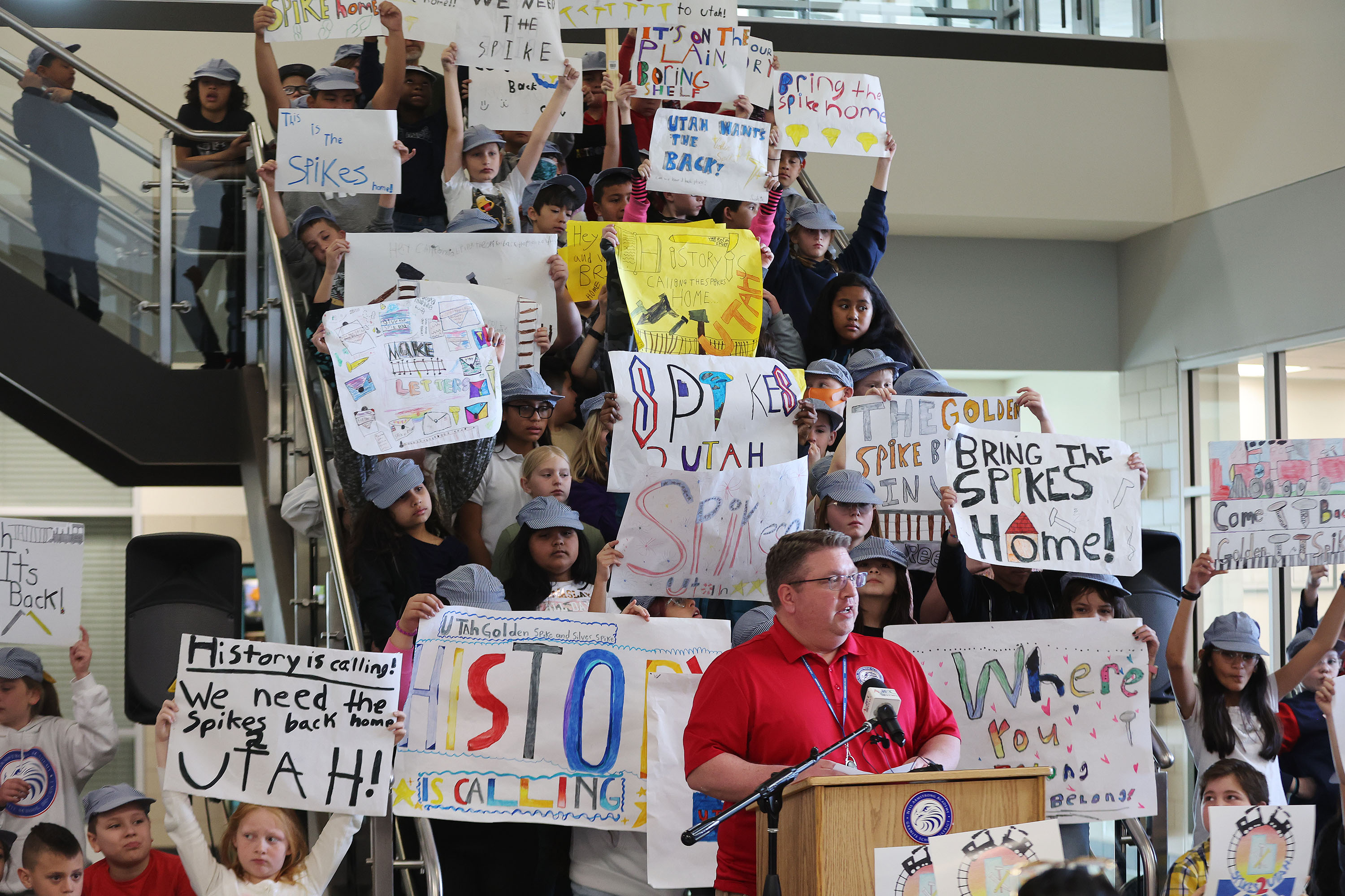 Neil Armstrong Academy fourth grade students and their teacher David Pendleton kick off the student-led Spikes2Utah letter-writing campaign during a press conference at the school in West Valley City on Friday.  