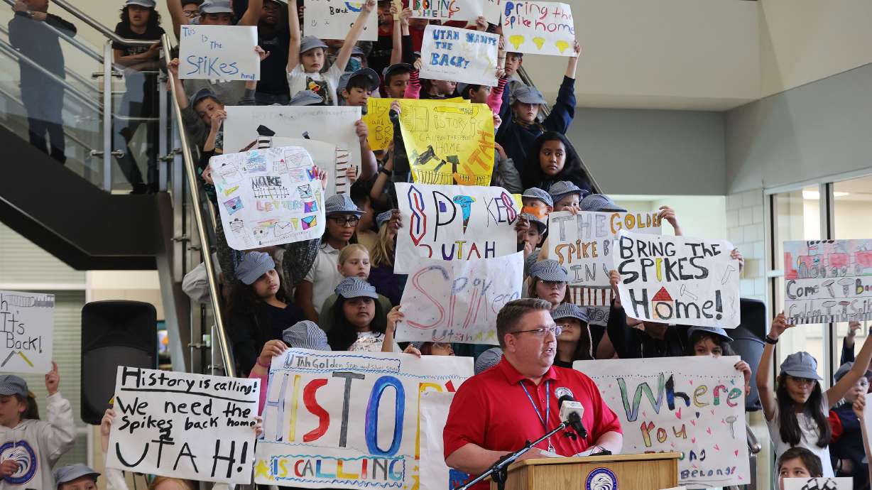 Neil Armstrong Academy fourth grade students and their teacher David Pendleton kick off the student-led Spikes2Utah letter-writing campaign during a press conference at the school in West Valley City on Friday.