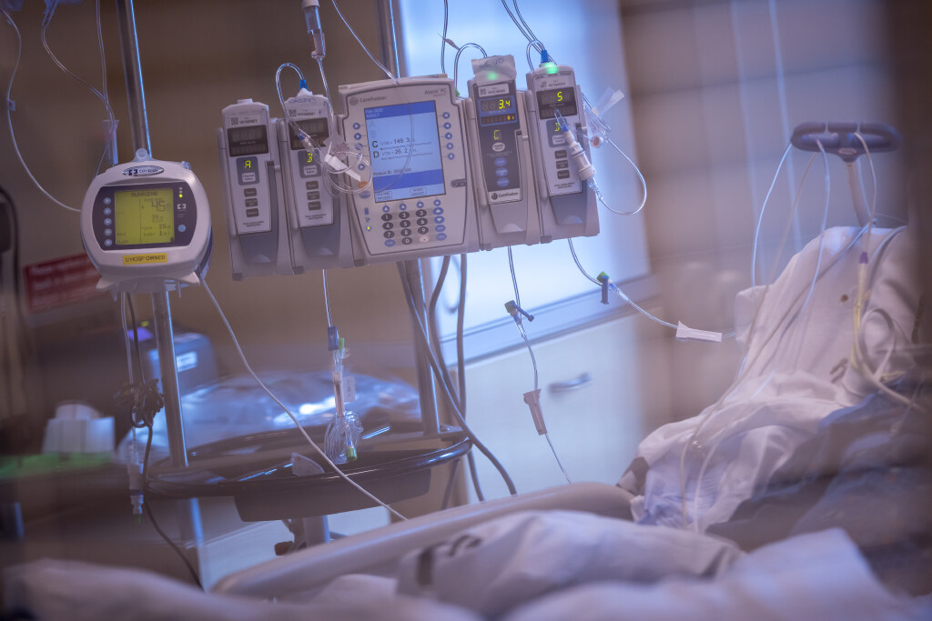 IV stands are inside the medical intensive care unit at the U. Hospital in Salt Lake City on March 9, 2022. According to new research, people hospitalized with COVID-19 this past flu season were more likely to die than people hospitalized with influenza.
