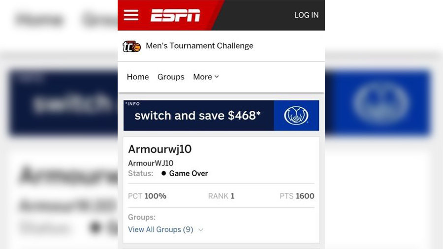 Armour Johnson had tied for first place in the tournament out of over 20 million brackets.