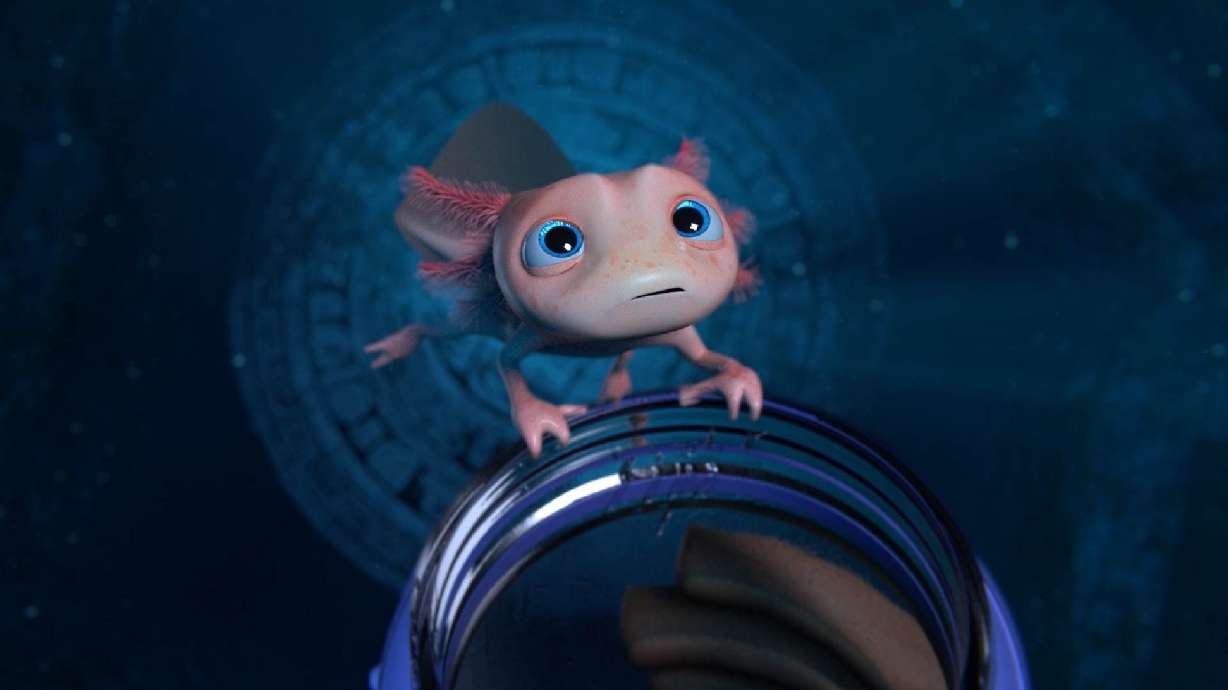 An axolotl named Axel holds onto a jar while he is trapped in a magical cenote in the film "Cenote." The BYU animation students who made the film won Best Animation at the College Television Awards.