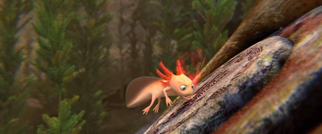 An axolotl named Axel pushes against a stone that has Mayan runes carved into it in the award-winning short film "Cenote."