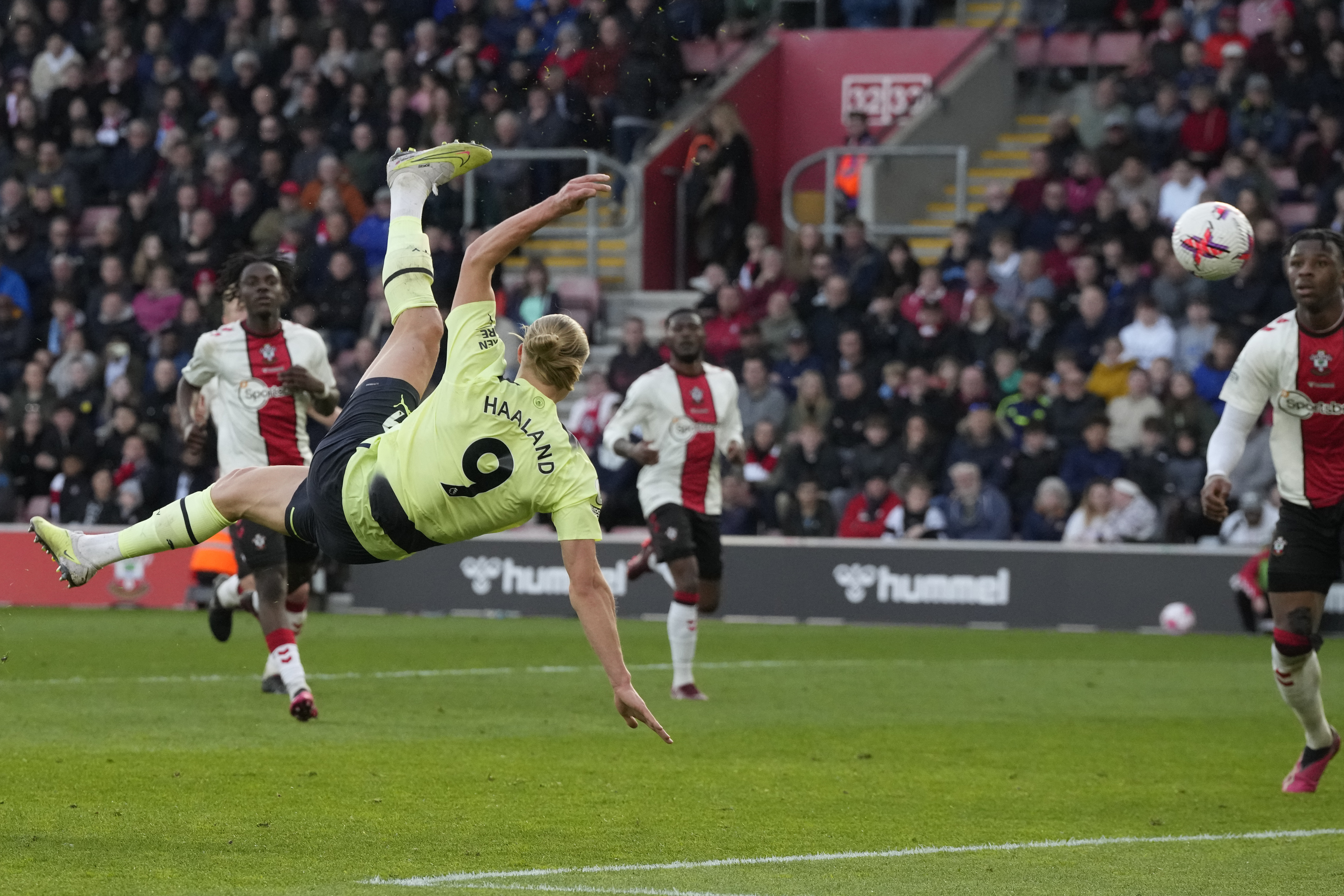 Manchester City's Erling Haaland celebrates after scoring his side's third goal during the English Premier League soccer match between Southampton and Manchester City at St Mary's Stadium in Southampton, England, Saturday, April 8, 2023. 