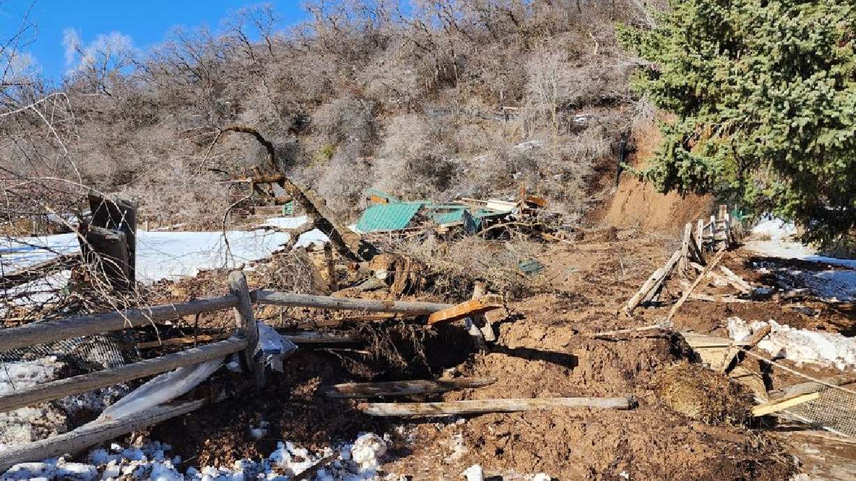 A mudslide in Fruit Heights swept away a large shed and trapped a man and a woman Saturday, sending one of them to a hospital.