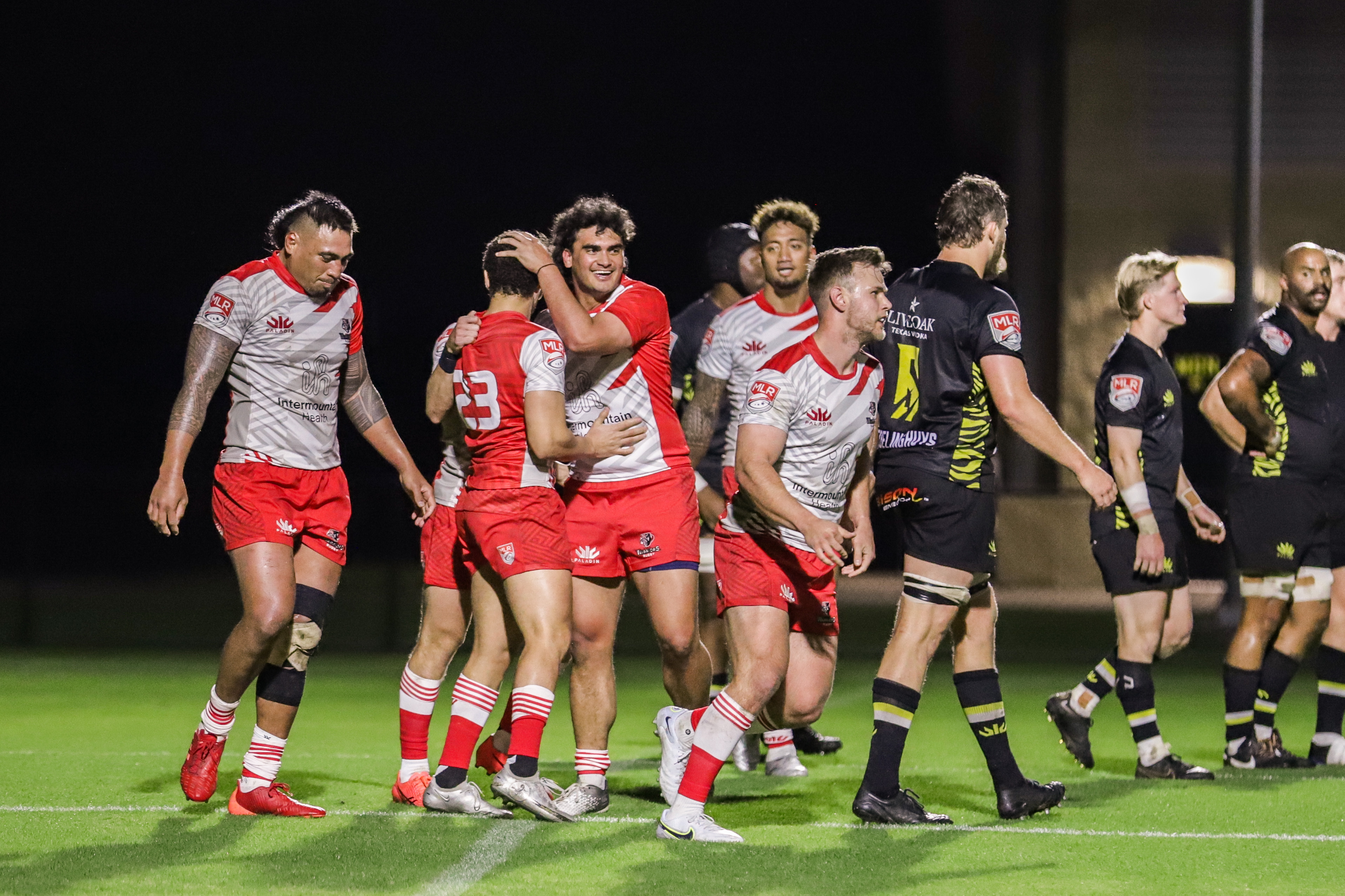 Utah Warriors celebrate a try during a 30-24 road win over the Houston SaberCats, Saturday, April 8, 2023, in Houston, Texas.