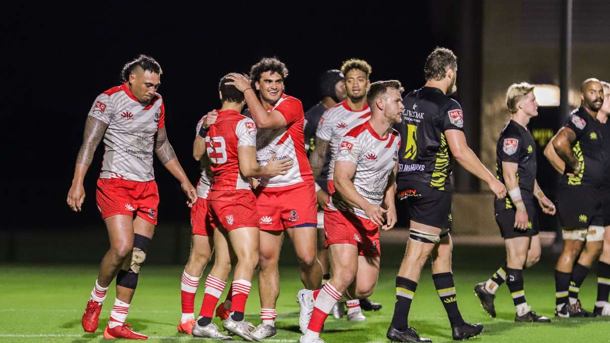 Utah Warriors celebrate a try during a 30-24 road win over the Houston SaberCats, Saturday, April 8, 2023, in Houston, Texas.
