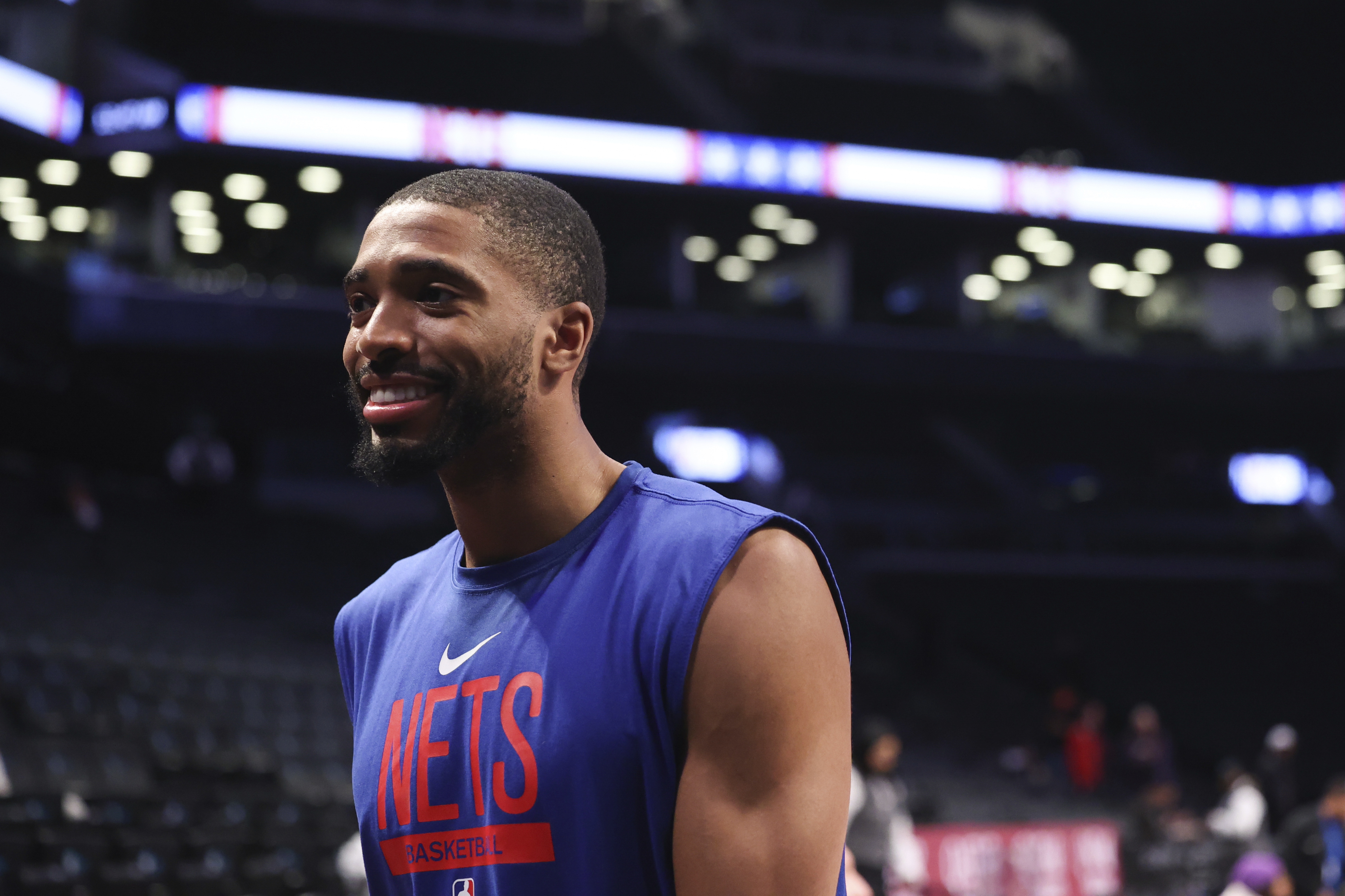 Brooklyn Nets forward Mikal Bridges reacts before an NBA basketball game against the Philadelphia 76ers, Sunday, April 9, 2023 in New York. 