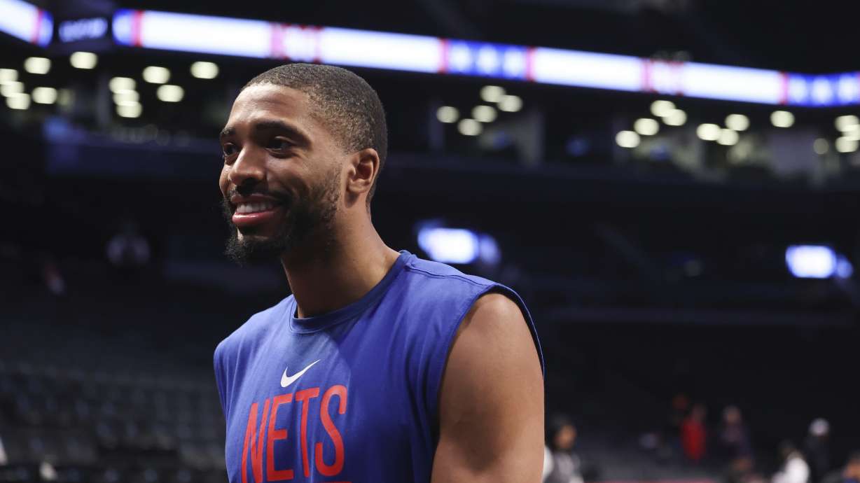 Brooklyn Nets forward Mikal Bridges reacts before an NBA basketball game against the Philadelphia 76ers, Sunday, April 9, 2023 in New York.