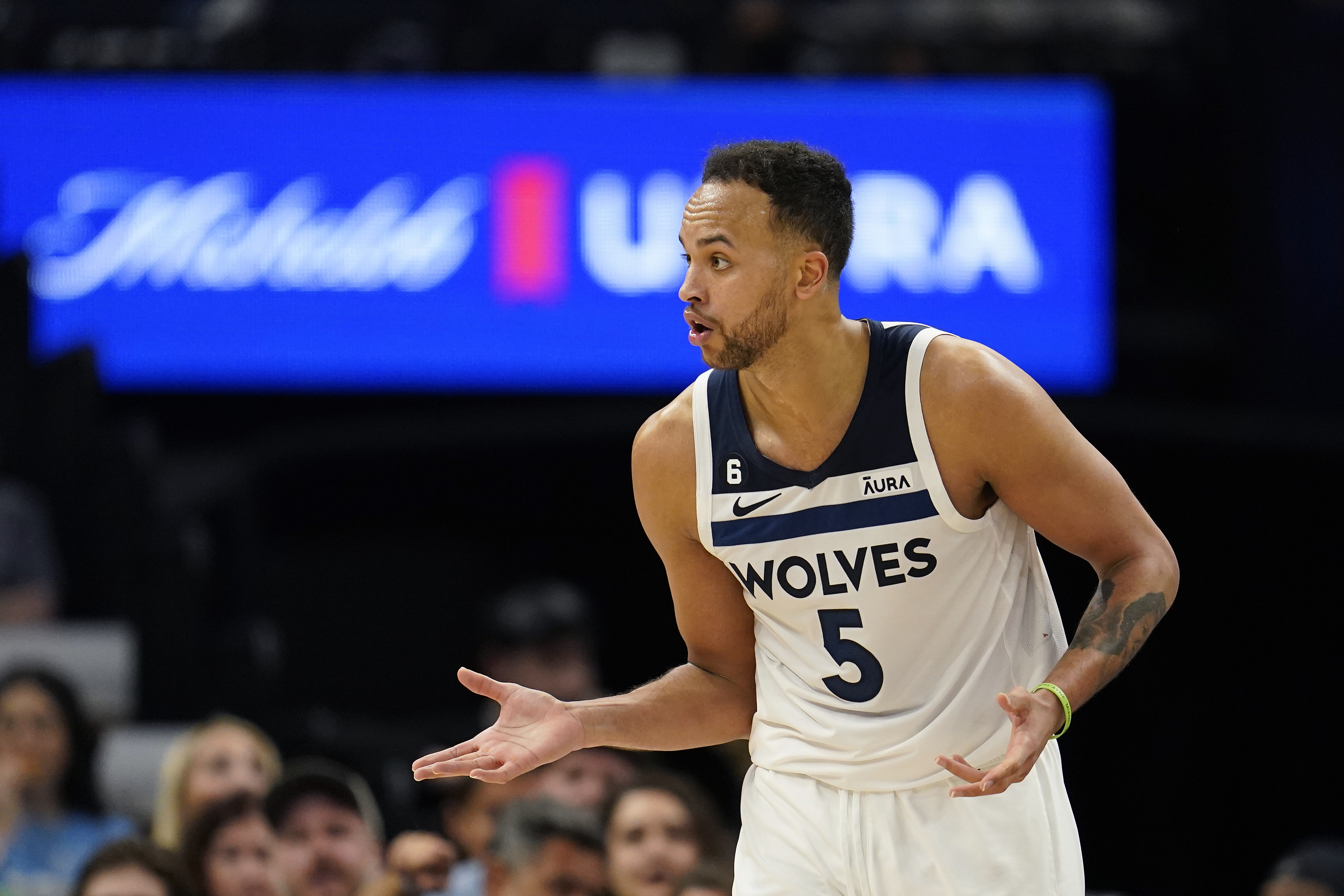 Minnesota Timberwolves forward Kyle Anderson (5) reacts during the second half of an NBA basketball game against the New Orleans Pelicans, Sunday, April 9, 2023, in Minneapolis. 