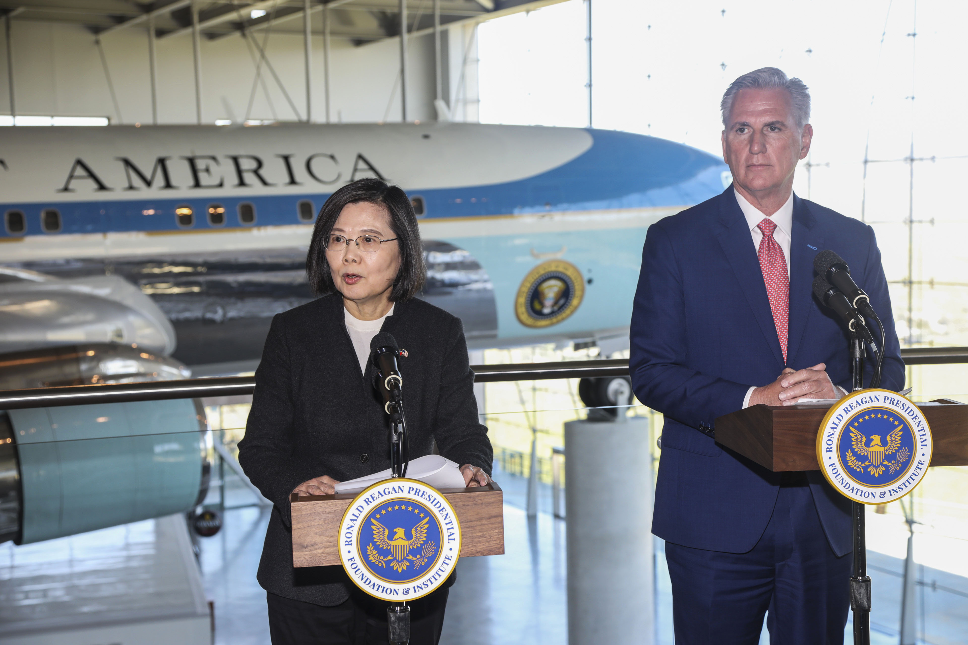 House Speaker Kevin McCarthy, R-Calif., right, and Taiwanese President Tsai Ing-wen deliver statements to the press after a Bipartisan Leadership Meeting at the Ronald Reagan Presidential Library in Simi Valley, Calif., Wednesday. China’s military sent several dozen warplanes and 11 warships toward Taiwan in a display of force directed at the self-ruled island, Taiwan’s Defense Ministry said Monday.