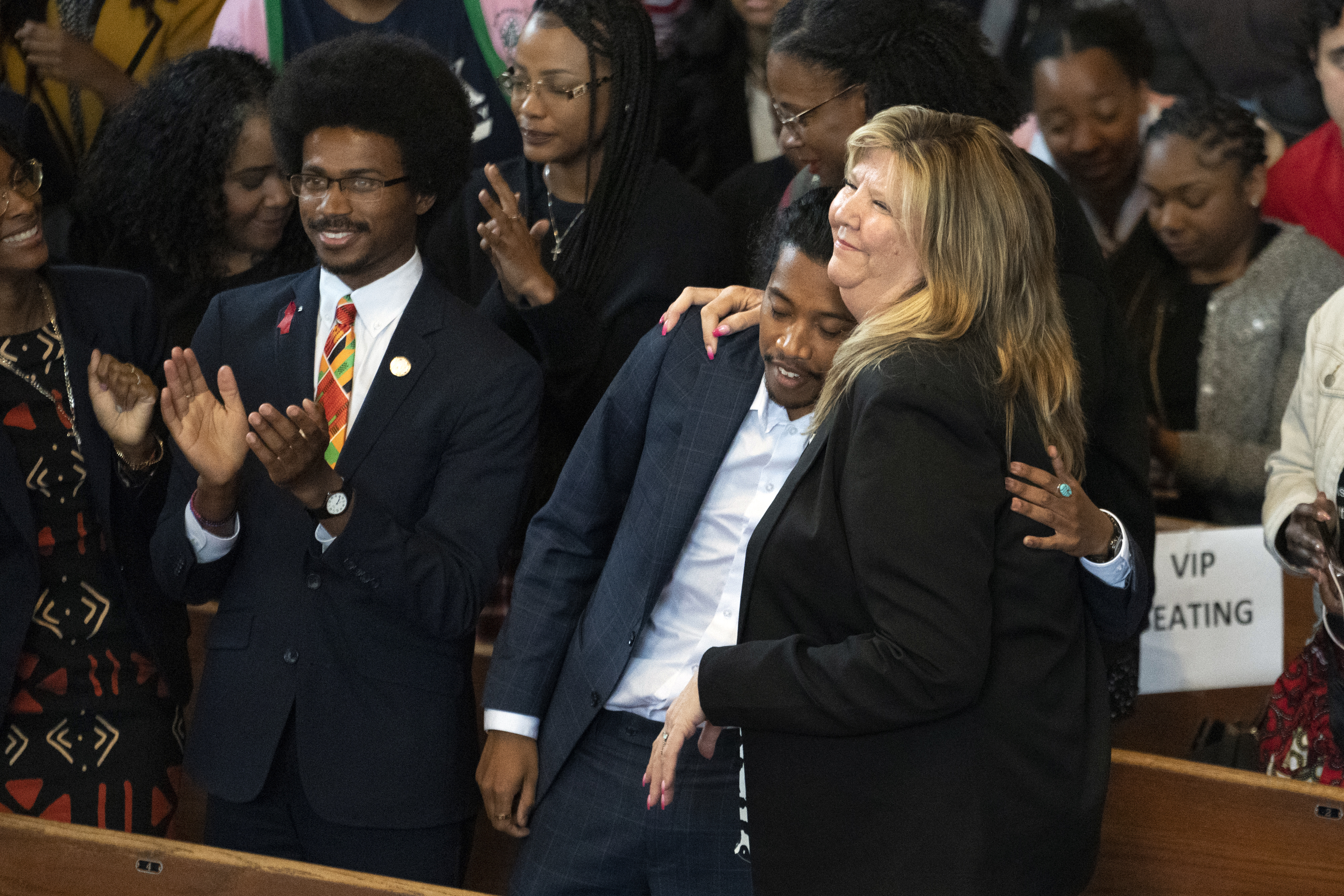 Expelled Rep. Justin Pearson, D-Memphis, from left, expelled Rep. Justin Jones, D-Nashville, and Rep. Gloria Johnson, D-Knoxville, are recognized by the audience at Fisk University before Vice President Kamala Harris arrives April 7 in Nashville, Tenn. 
