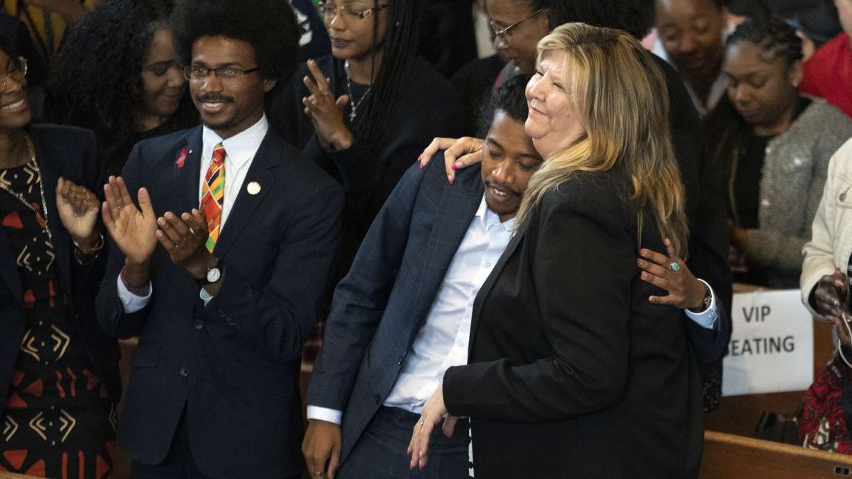 Expelled Rep. Justin Pearson, D-Memphis, from left, expelled Rep. Justin Jones, D-Nashville, and Rep. Gloria Johnson, D-Knoxville, are recognized by the audience at Fisk University before Vice President Kamala Harris arrives April 7 in Nashville, Tenn.