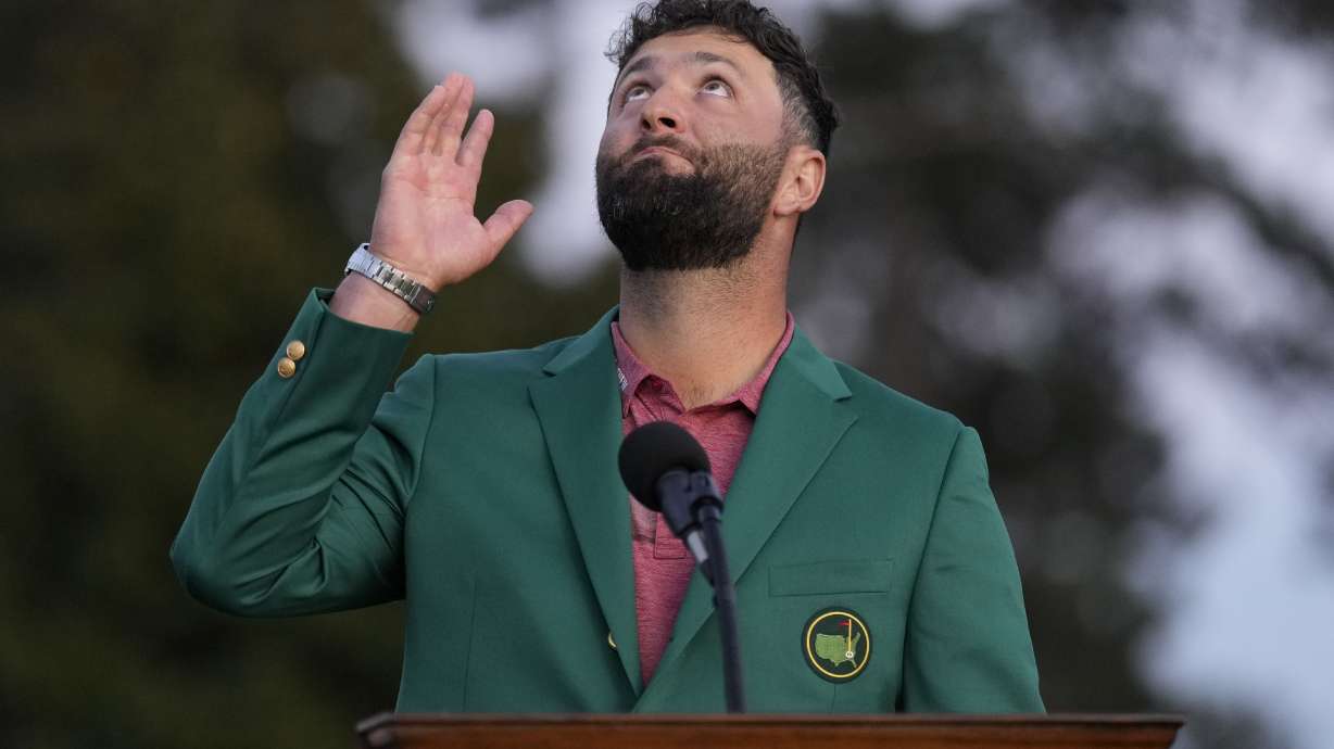 Jon Rahm, of Spain, celebrates winning the Masters golf tournament at Augusta National Golf Club on Sunday, April 9, 2023, in Augusta, Ga.