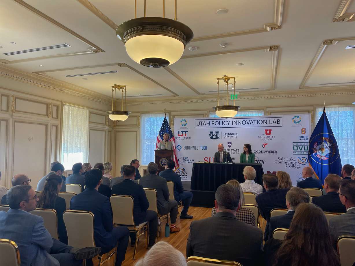 Kem C. Gardner Policy Institute executive director Natalie Gochnour speaks at a ceremonial bill signing at the Thomas S. Monson Building in Salt Lake City on Monday. Policy, government and education leaders from around the Beehive State gathered on Monday for the opening of the Utah Policy Innovation Lab and to watch Utah Gov. Spencer Cox ceremonially sign seven different bills aimed at fostering innovation in Utah.