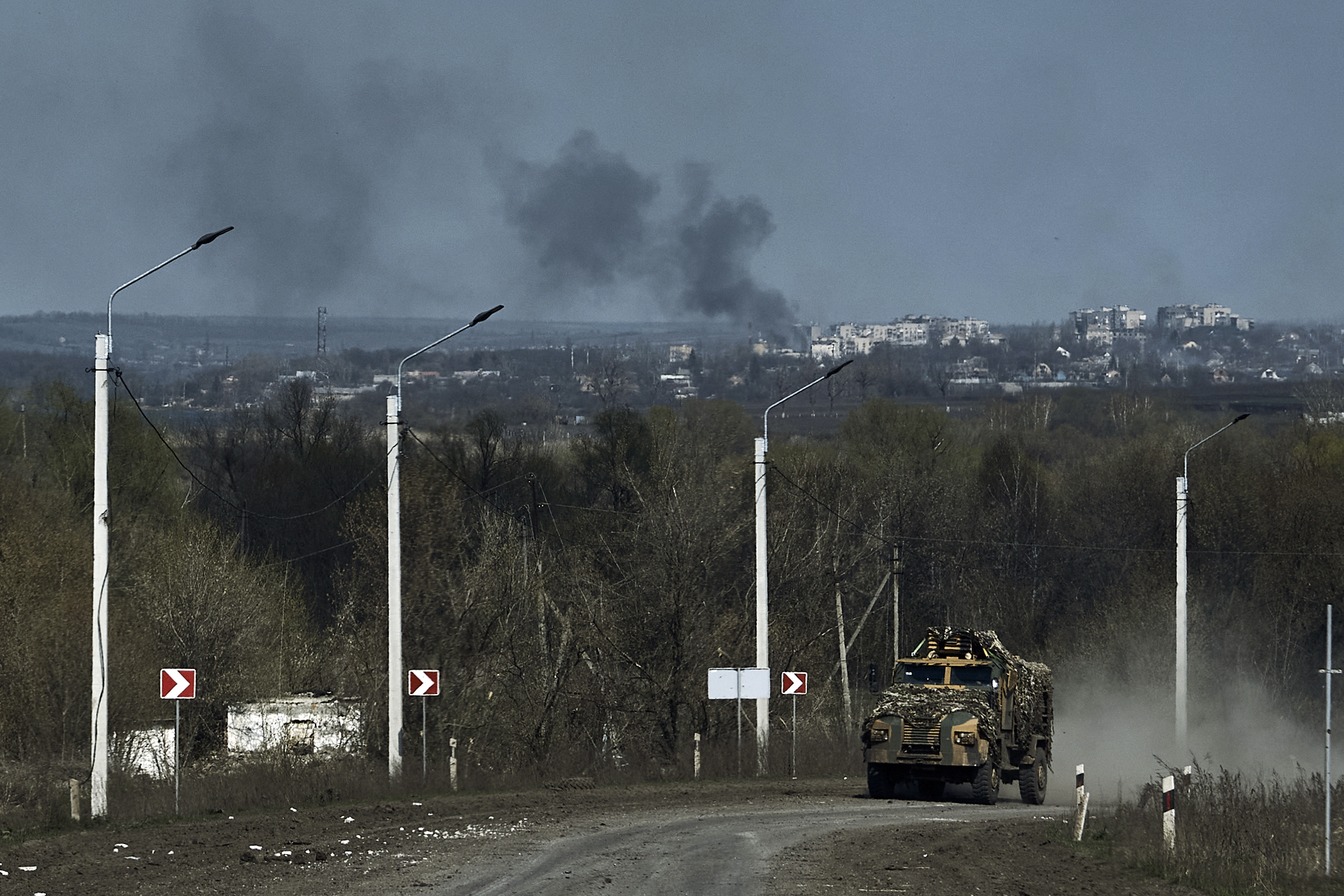 A Ukrainian APC seen on the road on the frontline in Bakhmut, Donetsk region, Ukraine, Sunday.