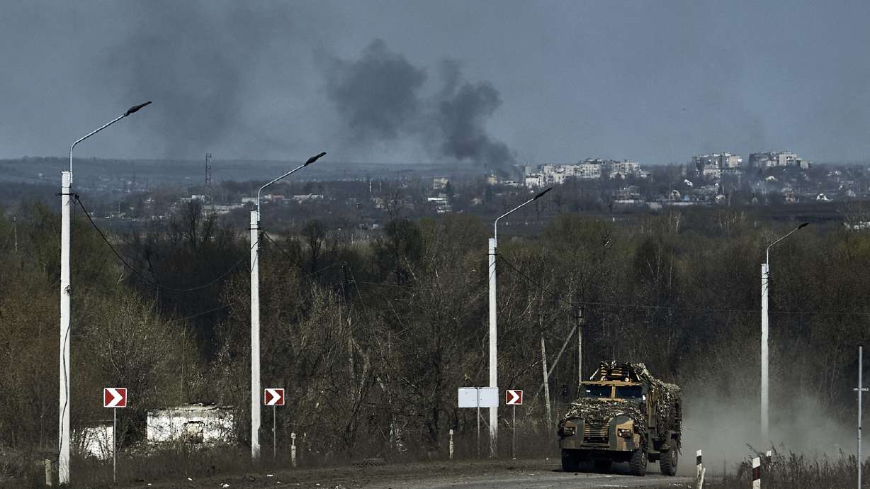 A Ukrainian APC seen on the road on the frontline in Bakhmut, Donetsk region, Ukraine, Sunday.