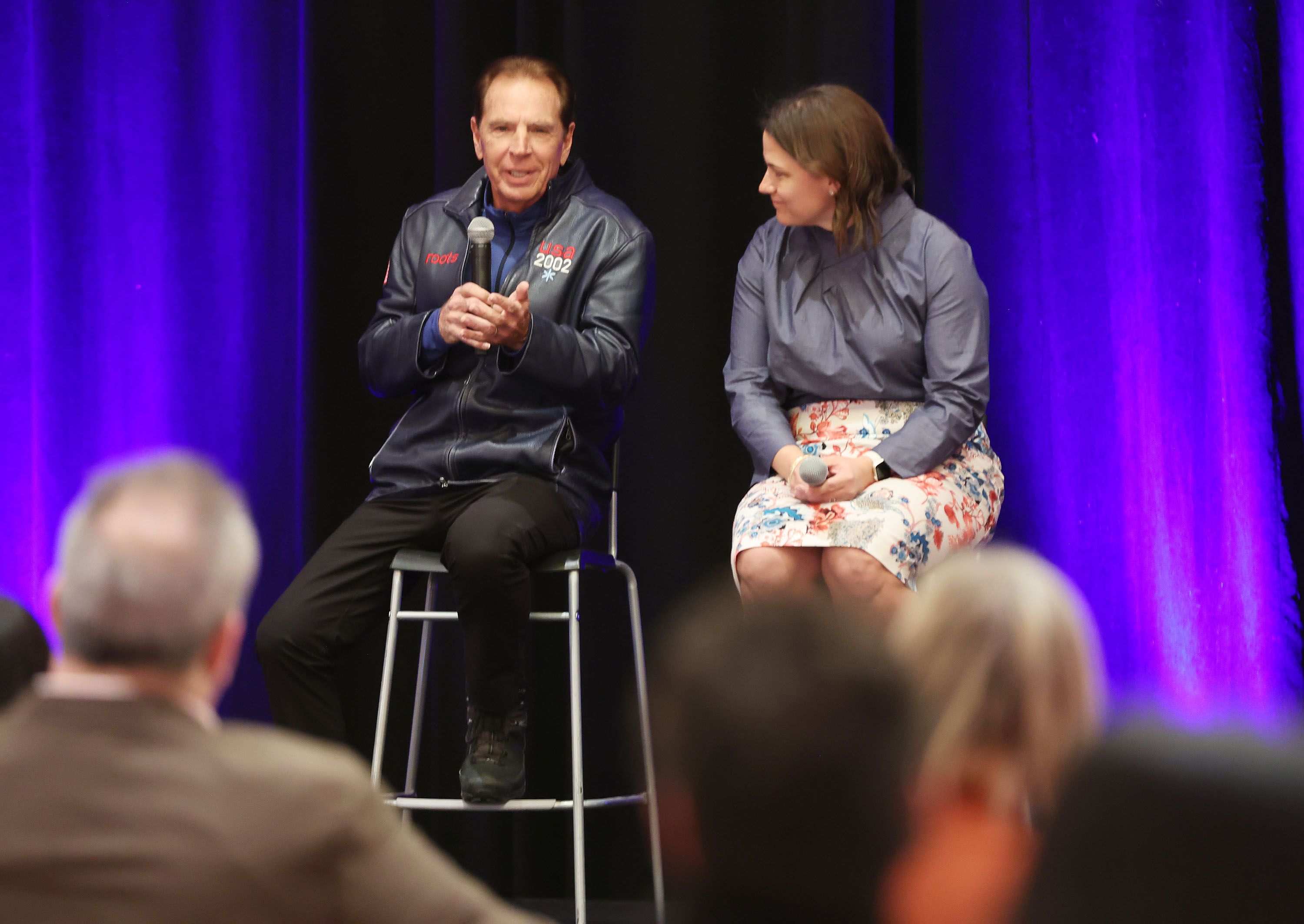 Fraser Bullock and Catherine Rainey Norman, who lead the Salt Lake City-Utah Committee for the Olympic Games, speak in an executive session of the Qualtrics X4: The Experience Management Summit in Salt Lake City on March 8.