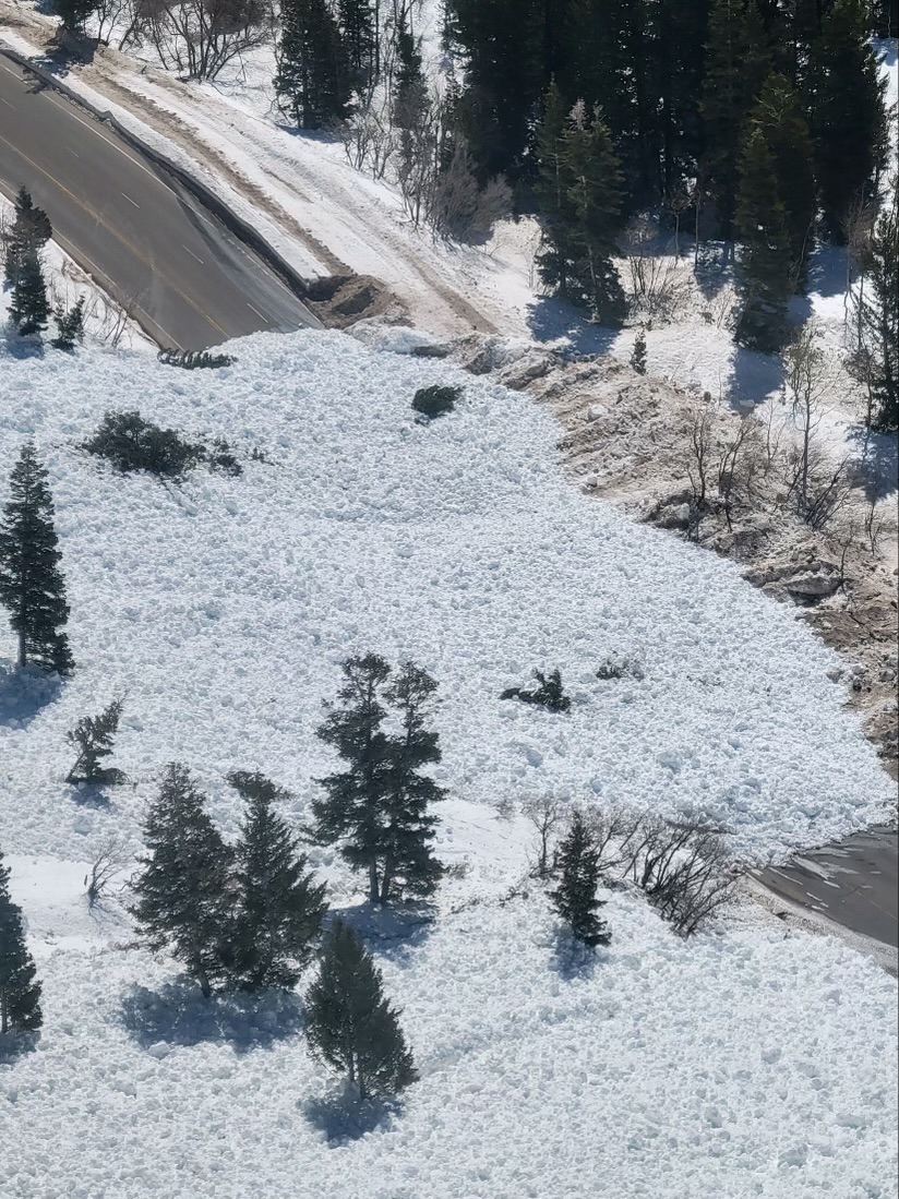 A wet avalanche covered state Route 210 Monday morning in the White Pine chutes area of Little Cottonwood Canyon.