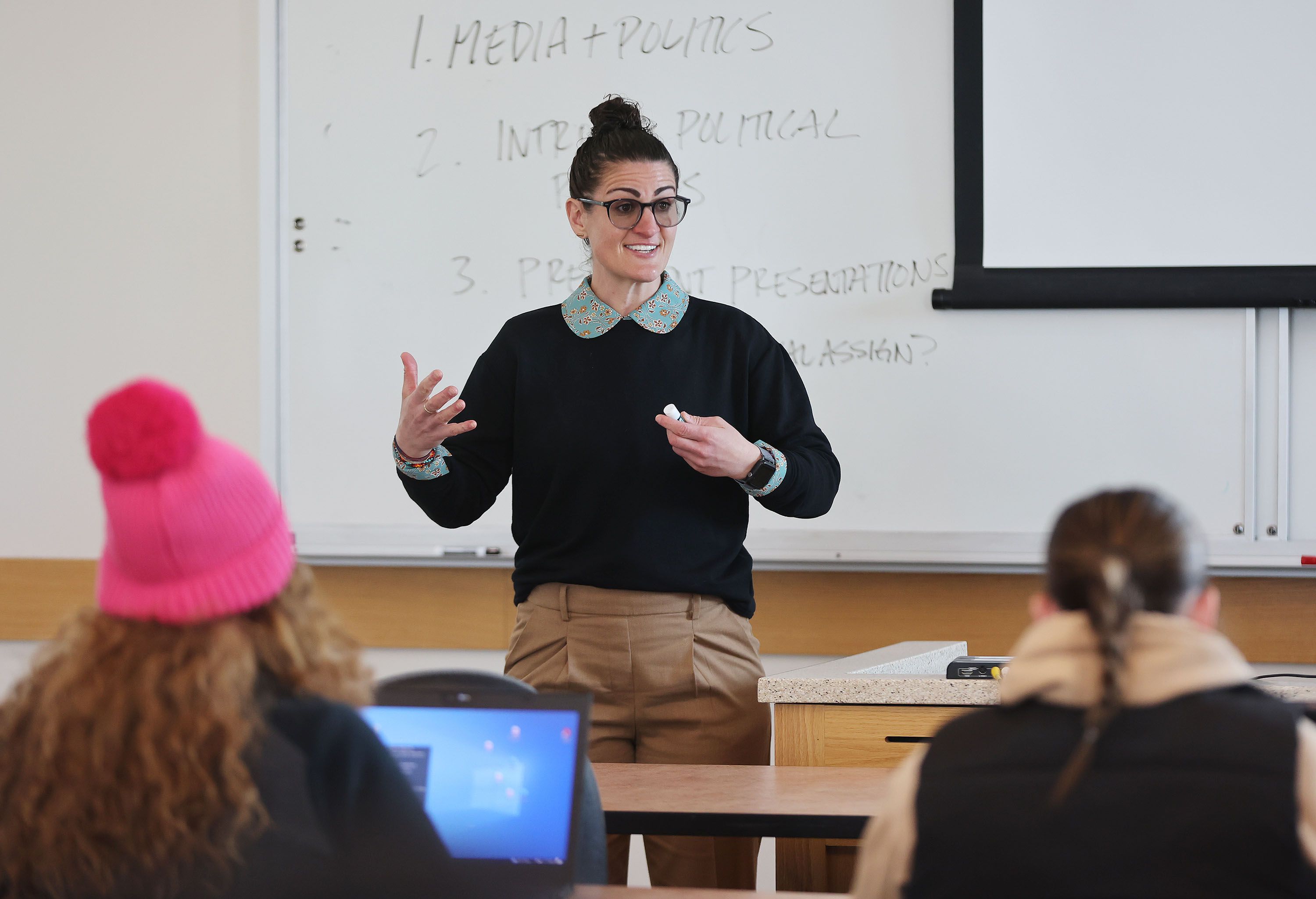 Sarah Reale teaches U.S. government and politics at the Salt Lake Community College Jordan campus in West Jordan on Wednesday, April 5, 2023. Less than half of Utahns support President Joe Biden’s student loan forgiveness plan and Reale is still trying to pay off her students loans.
