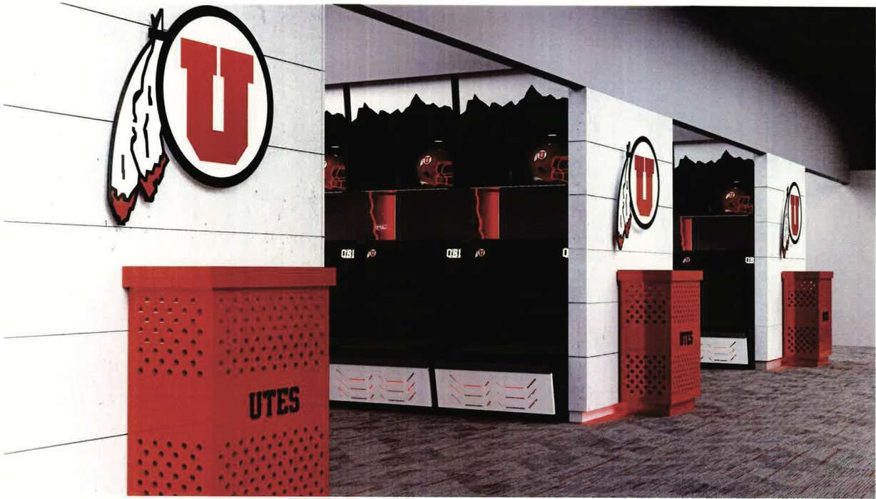 Artist rendering of the proposed lockers that will replace the current lockers in the Utah football facility.