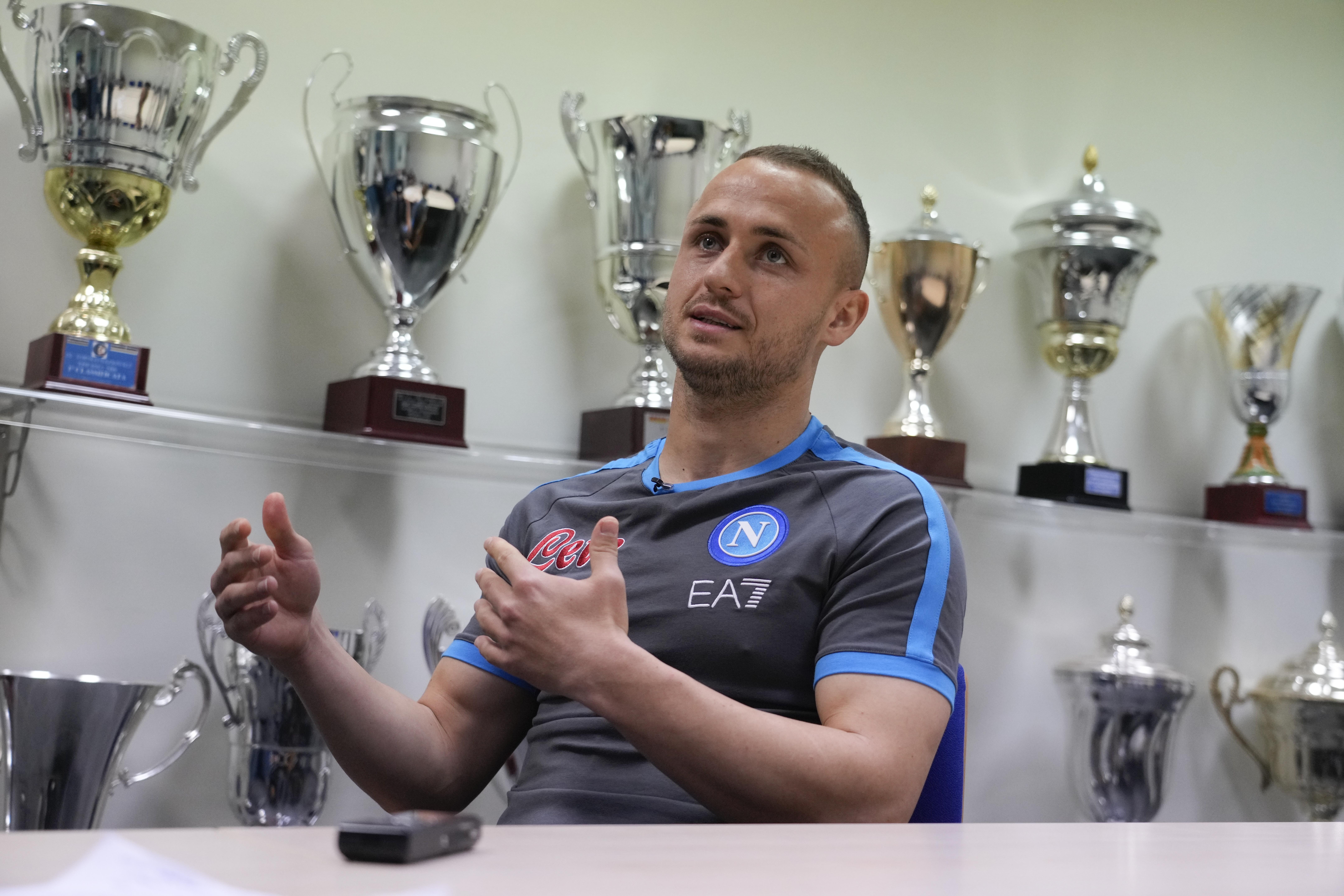 Napoli's Stanislav Lobotka is interviewed by the Associate Press at the end of a training session at the club headquarters in Castel Volturno, near Naples, Wednesday, April 5, 2023. Unlike other major cities in Italy, Naples has only one major soccer team and the fan support for Napoli is felt on every street and alleyway. Lobotka, who developed with Ajax’s junior squad and then played for Danish club Nordsjaelland and Spanish side Celta Vigo before transferring to Italy, had never experienced anything like Napoli.