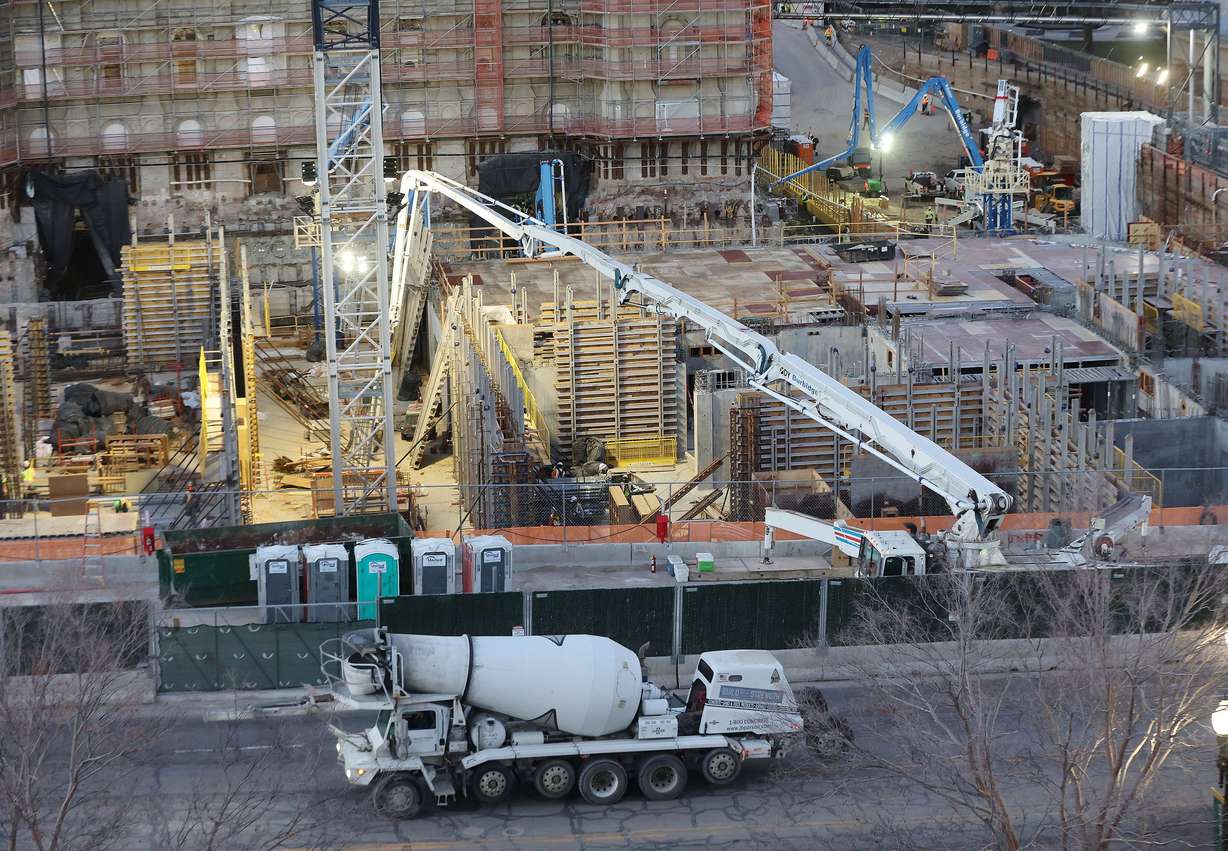 Concrete is poured at the Salt Lake Temple of The Church of Jesus Christ of Latter-day Saints on Tuesday in Salt Lake City.