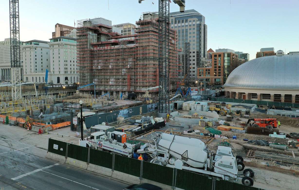 Concrete is poured at the Salt Lake Temple of The Church of Jesus Christ of Latter-day Saints in Salt Lake City on Tuesday, during an all-night pour.
