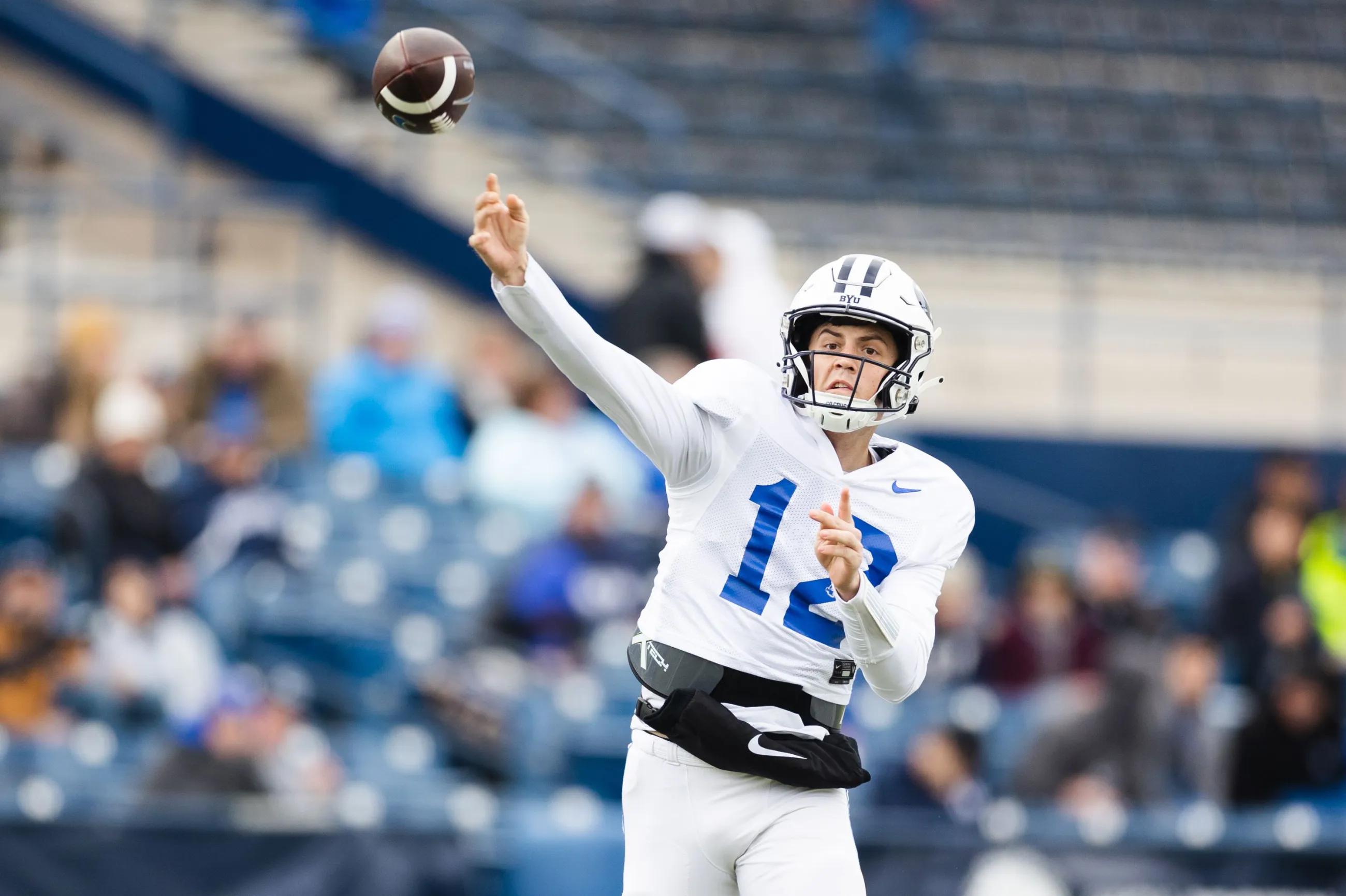 BYU quarterback Jake Retzlaff throws during annual BYU Blue vs. White scrimmage at LaVell Edwards Stadium in Provo on March 31. The juco transfer is battling to be QB2 for the Cougars this fall.