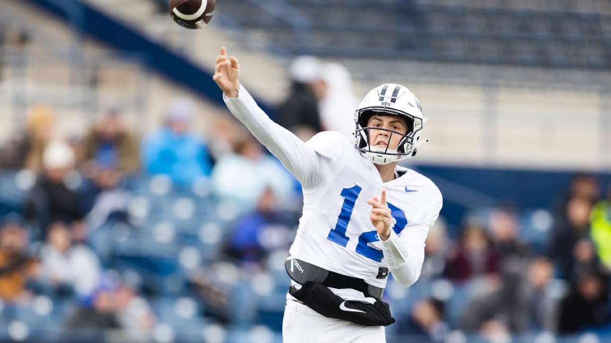 BYU quarterback Jake Retzlaff throws during annual BYU Blue vs. White scrimmage at LaVell Edwards Stadium in Provo on March 31. The juco transfer is battling to be QB2 for the Cougars this fall.