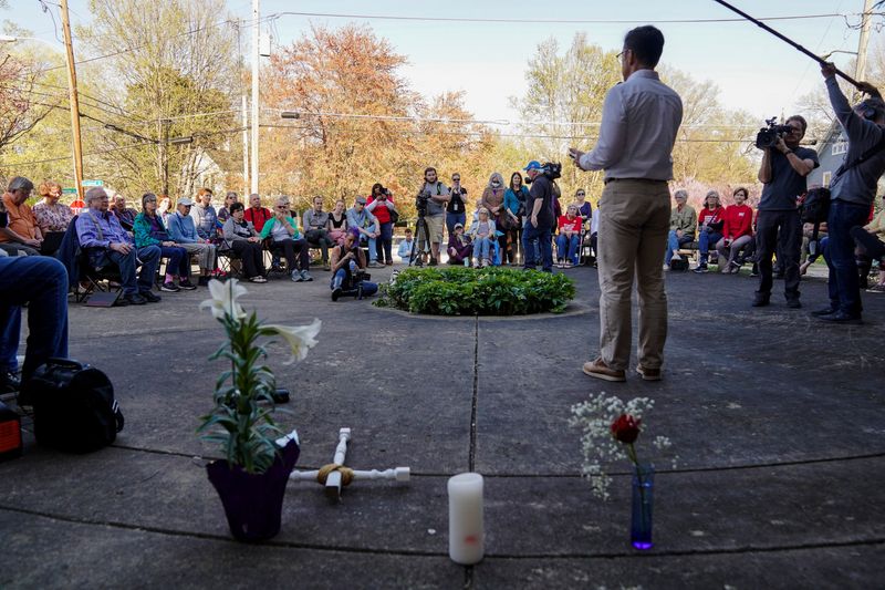 Community members attend a vigil at Crescent Hill Presbyterian Church following a mass shooting at Old National Bank in downtown Louisville, Kentucky, Monday.