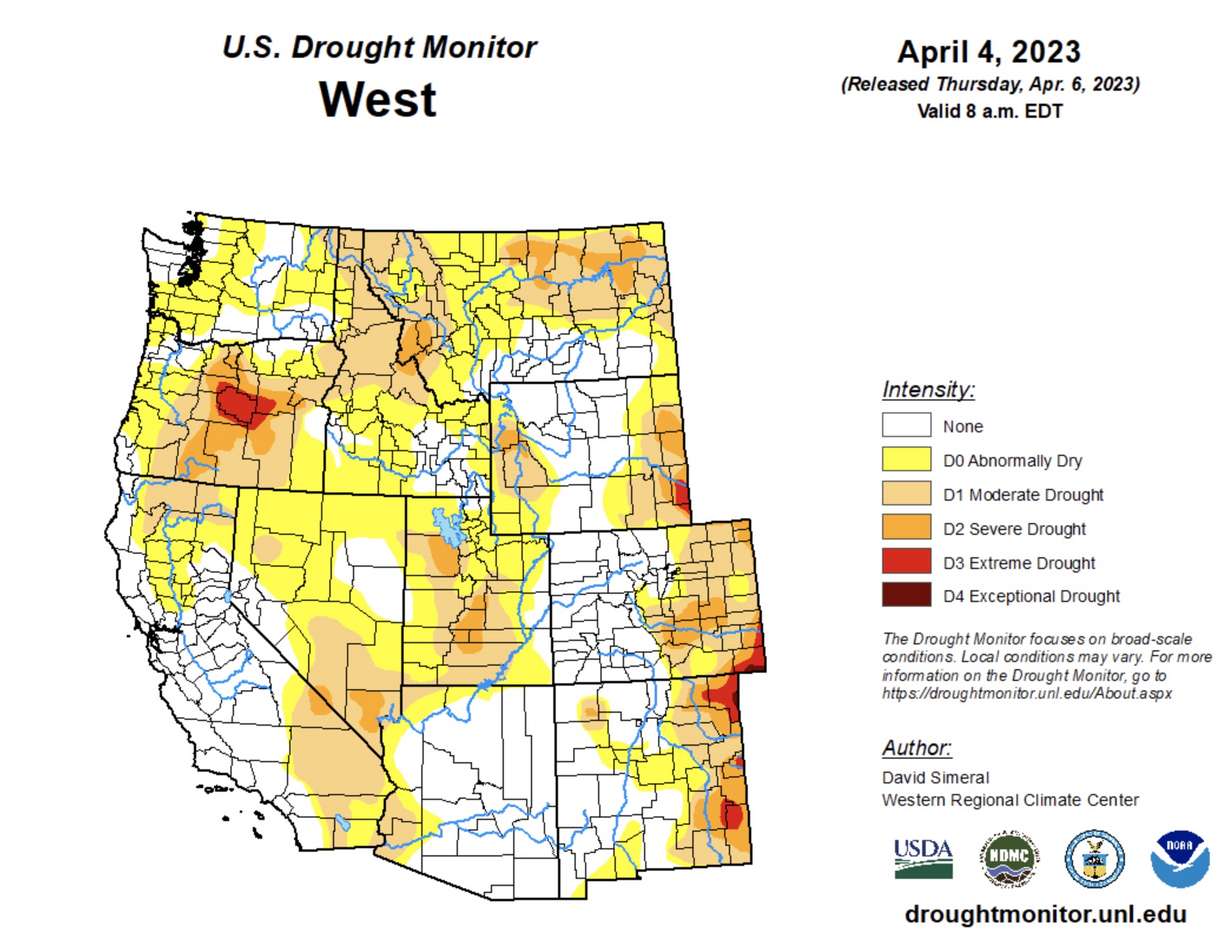 This map shows the West's drought conditions as of April 4. While 31% of the region remains in at least moderate drought, only 1.2% is listed in at least extreme drought.