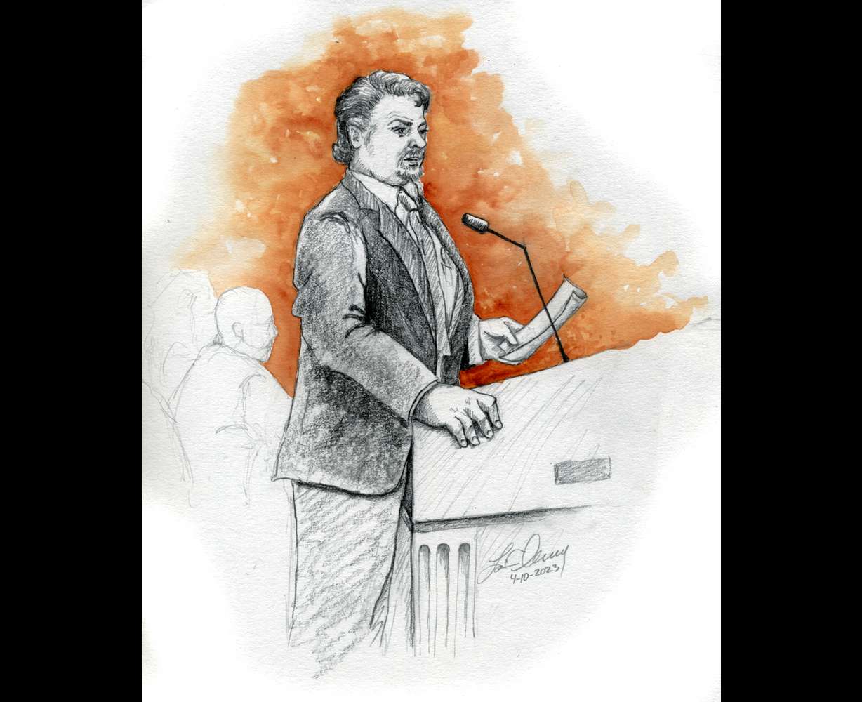 Defense attorney R. James Archibald gives opening arguments during the murder trial for Lori Vallow Daybell in the Ada County Courthouse in Boise, Idaho, on Monday.