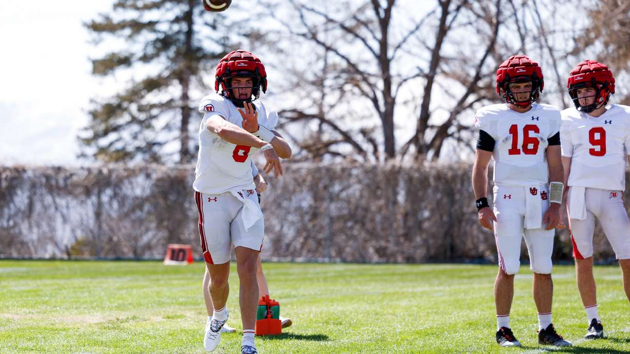 Redshirt freshman QB Brandon Rose throws a pass as Utah takes part in spring football practice in Salt Lake City, Utah, on Tuesday, April 11, 2023.