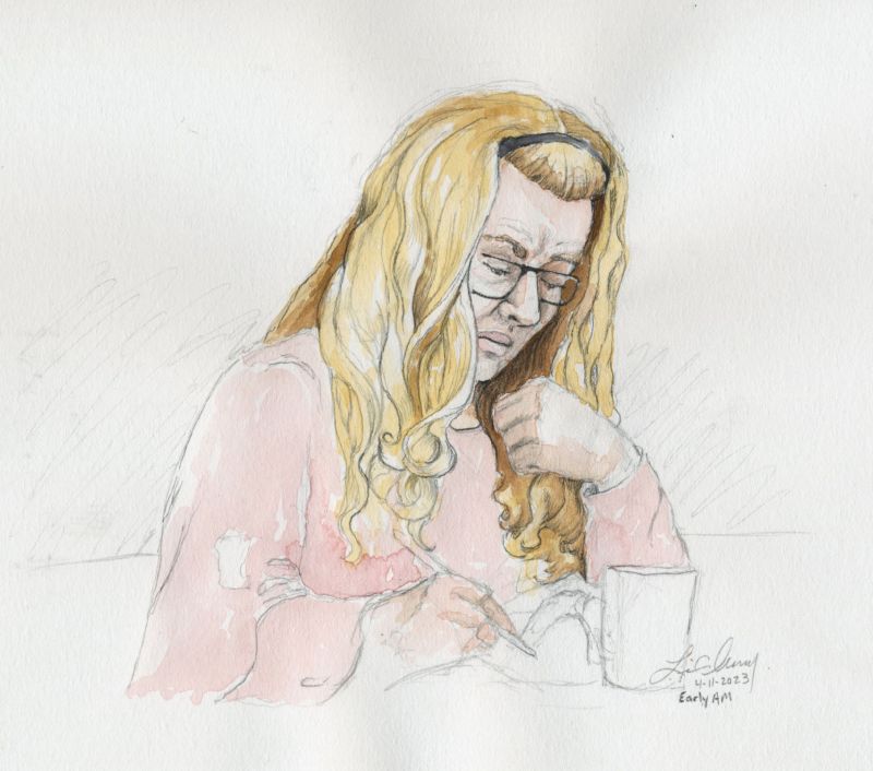 This courtroom sketch depicts Lori Vallow Daybell in the early morning at the Vallow Daybell's murder trial in Boise, on Tuesday.