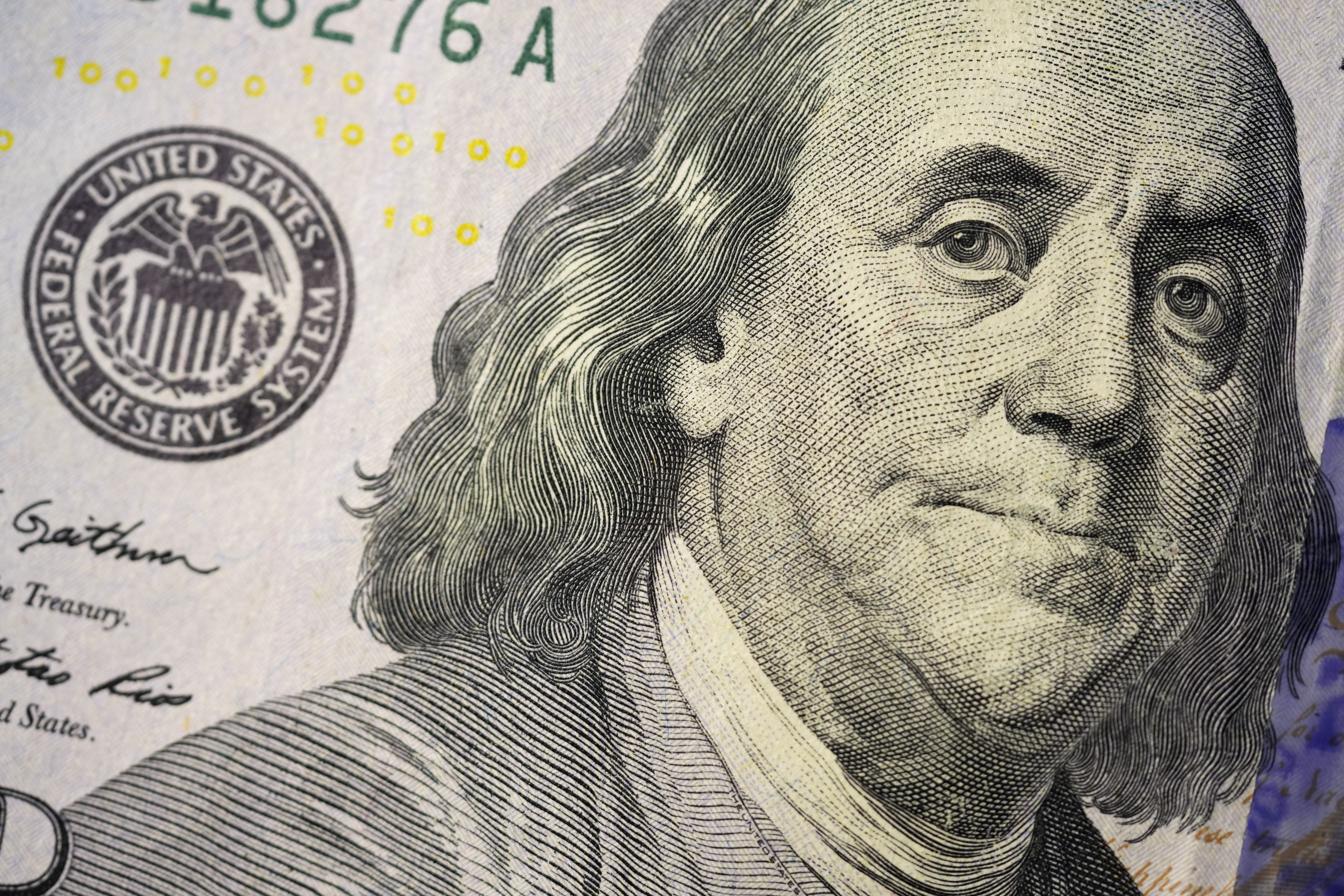 The likeness of Benjamin Franklin on a U.S. $100 bill, Feb. 22. Prices saw a sharp decline this week.