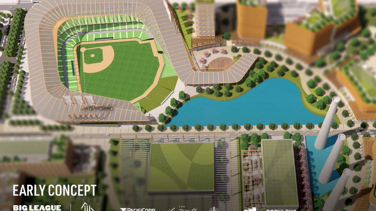 Renderings released Wednesday depict what a new Major League Baseball stadium could look like in the Power District located on North Temple in Salt Lake City, according to Big League Utah, a group led by the Miller family.