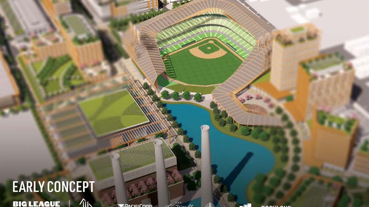 Renderings released Wednesday, April 12 depict what a new Major League Baseball stadium could look like in the Power District located on North Temple in Salt Lake City. Big League Utah launched an online survey seeking feedback on future stadium operations of a possible team.