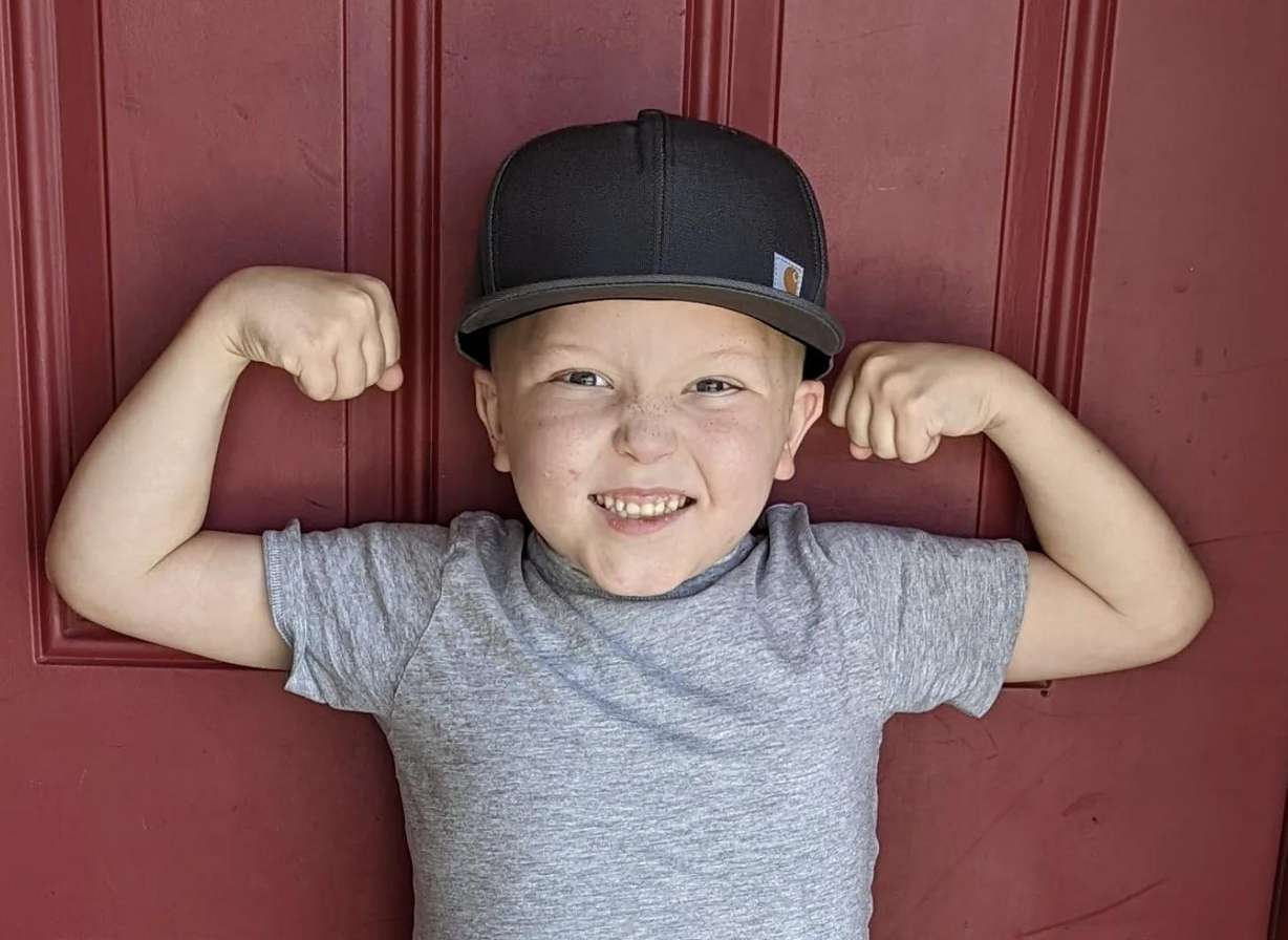 Logan, 7, of Kaysville, on the first day of first grade (homeschool) in August 2022. He was diagnosed with leukemia in January 2022, when he was 5.