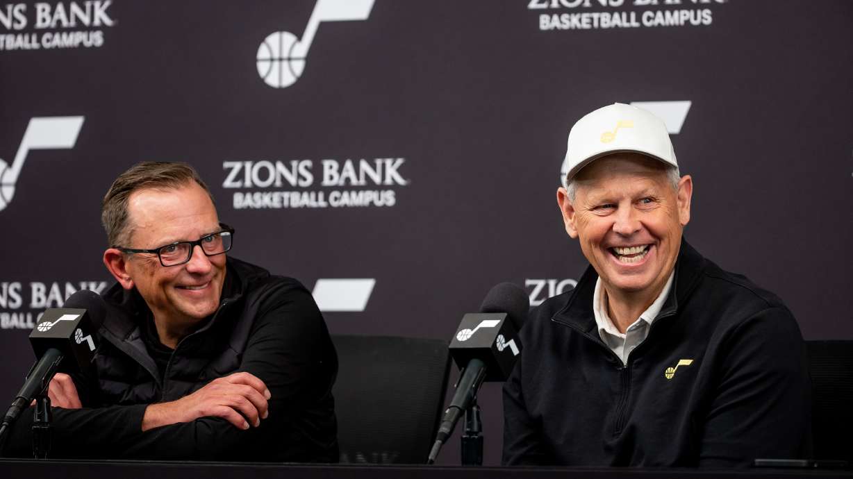 Utah Jazz general manager Justin Zanik and Utah Jazz CEO Danny Ainge talk to journalists during an end-of-season press conference at the Zions Bank Basketball Campus in Salt Lake City on Wednesday, April 12, 2023.