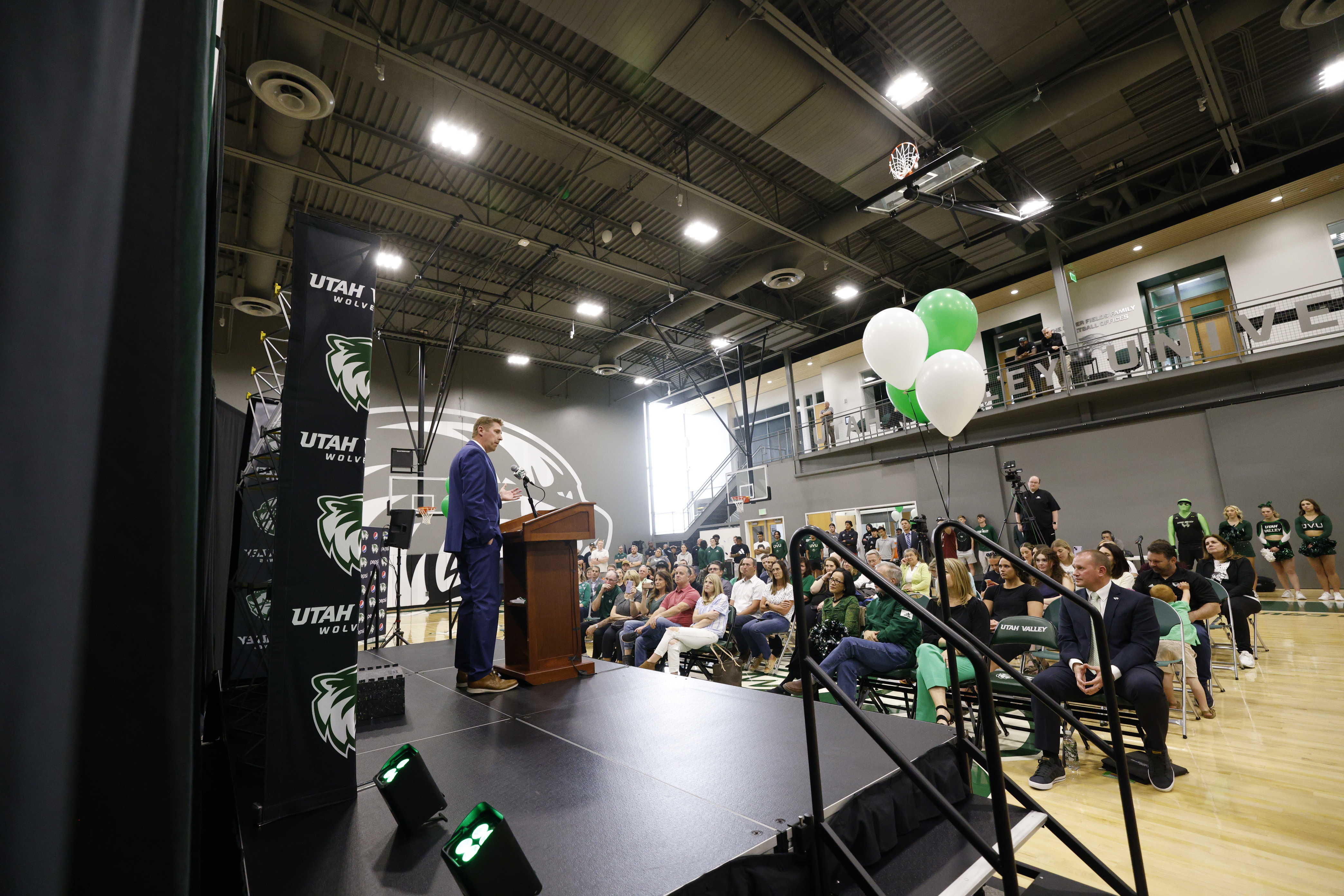 Utah Valley men's basketball coach Todd Phillips speaks to a crowd after being introduced as the program's fourth head coach in its Division I era, Wednesday, April 12, 2023 at the NUVI practice facility in Orem, Utah.