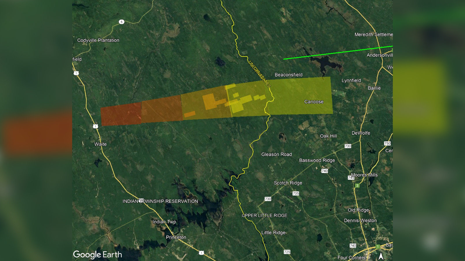 This is the strewn field estimate of the meteorite that landed near the border between the United States and Canada last week, calculated from radar signatures.