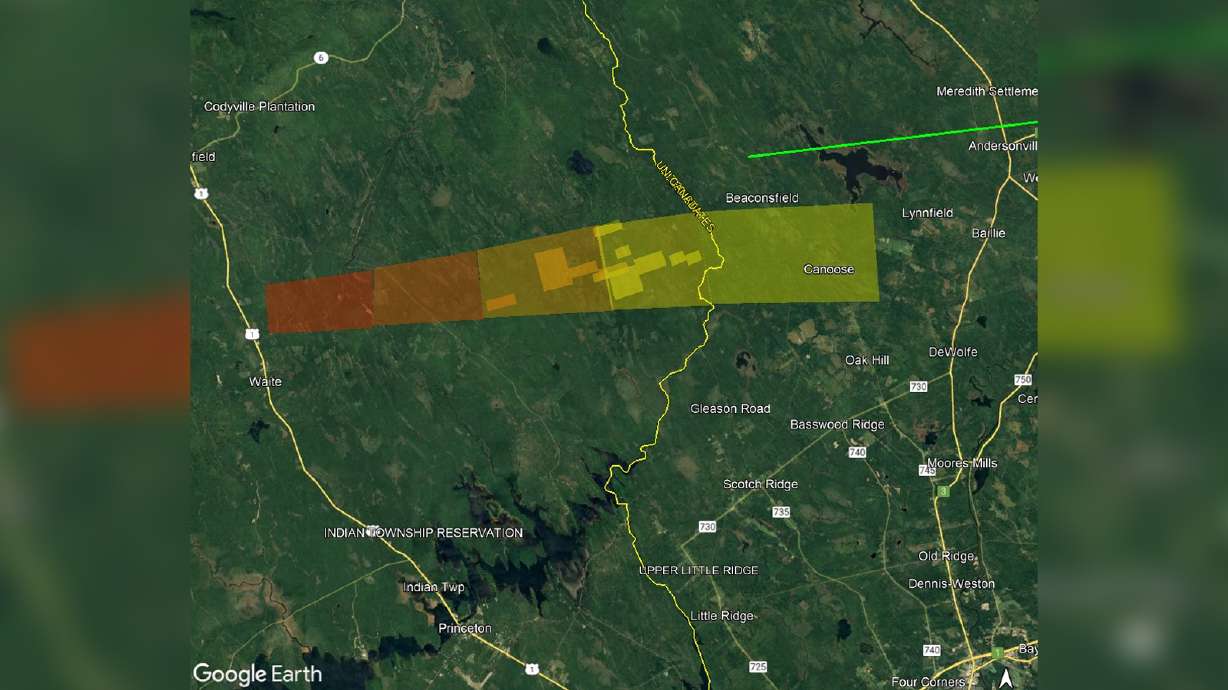 This is the strewn field estimate of the meteorite that landed near the border between the United States and Canada last week, calculated from radar signatures.