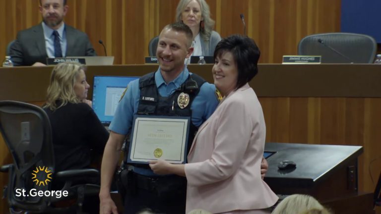 St. George police officer Seth LaFevre was honored by the St. George City Council for his heroic acts that saved the life of a child, April 6.