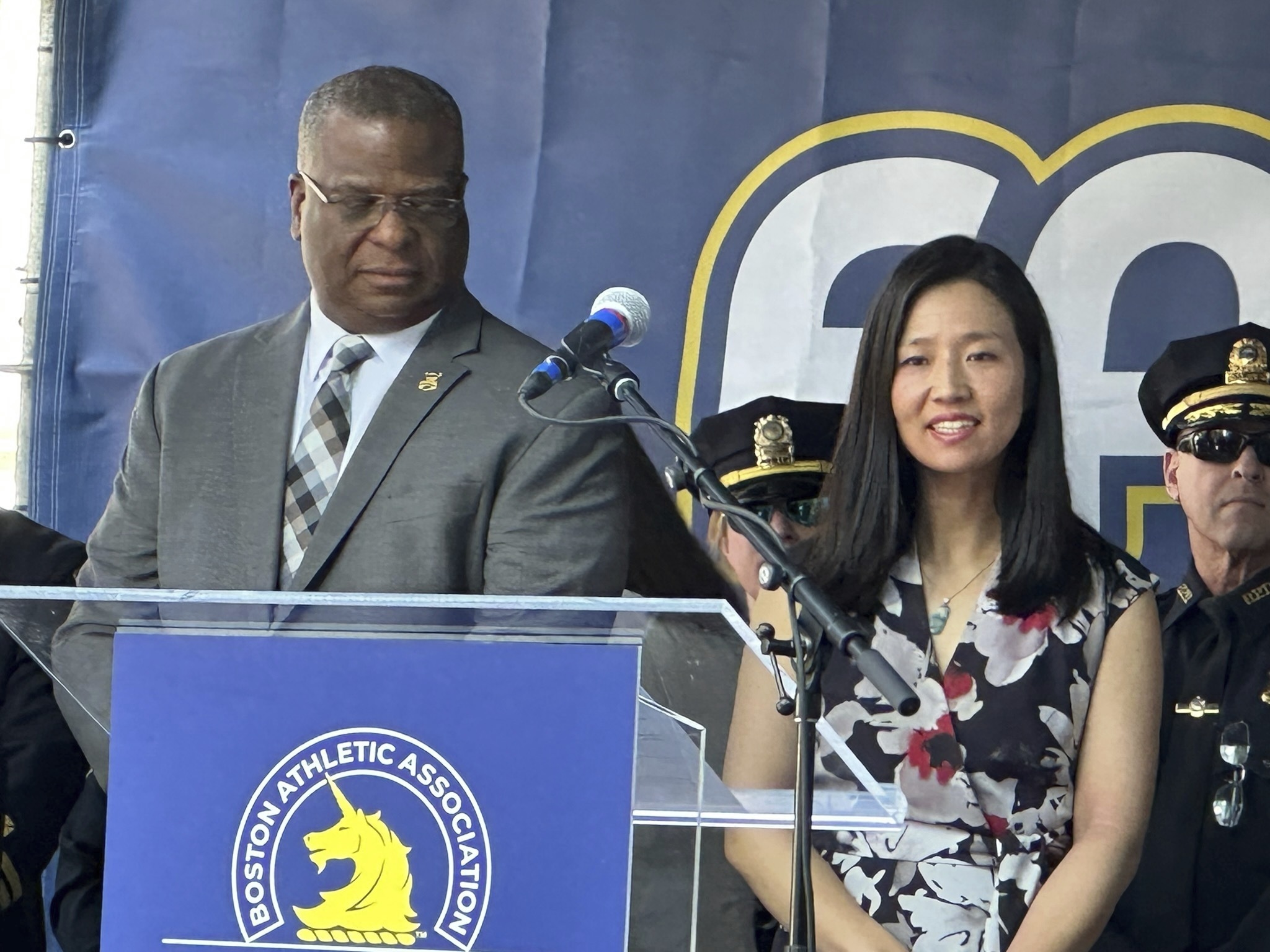 Boston Police Commissioner Michael Cox, left, and Boston Mayor Michelle Wu, attend a news conference in Boston, Thursday, April 13, 2023, to discuss public safety at the Boston Marathon. The race on Monday, April 17, is the 10th anniversary of a terrorist attack at the finish line that killed three spectators. 