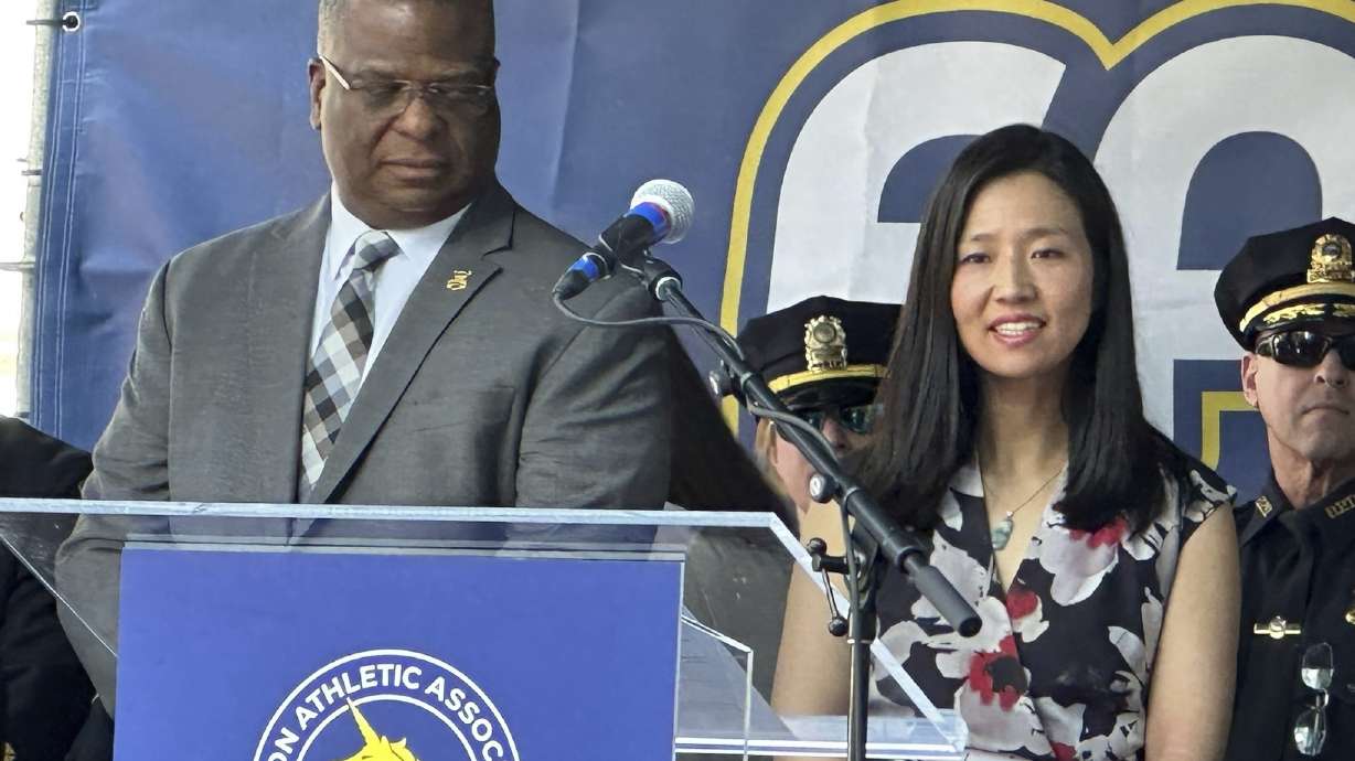 Boston Police Commissioner Michael Cox, left, and Boston Mayor Michelle Wu, attend a news conference in Boston, Thursday, April 13, 2023, to discuss public safety at the Boston Marathon. The race on Monday, April 17, is the 10th anniversary of a terrorist attack at the finish line that killed three spectators.