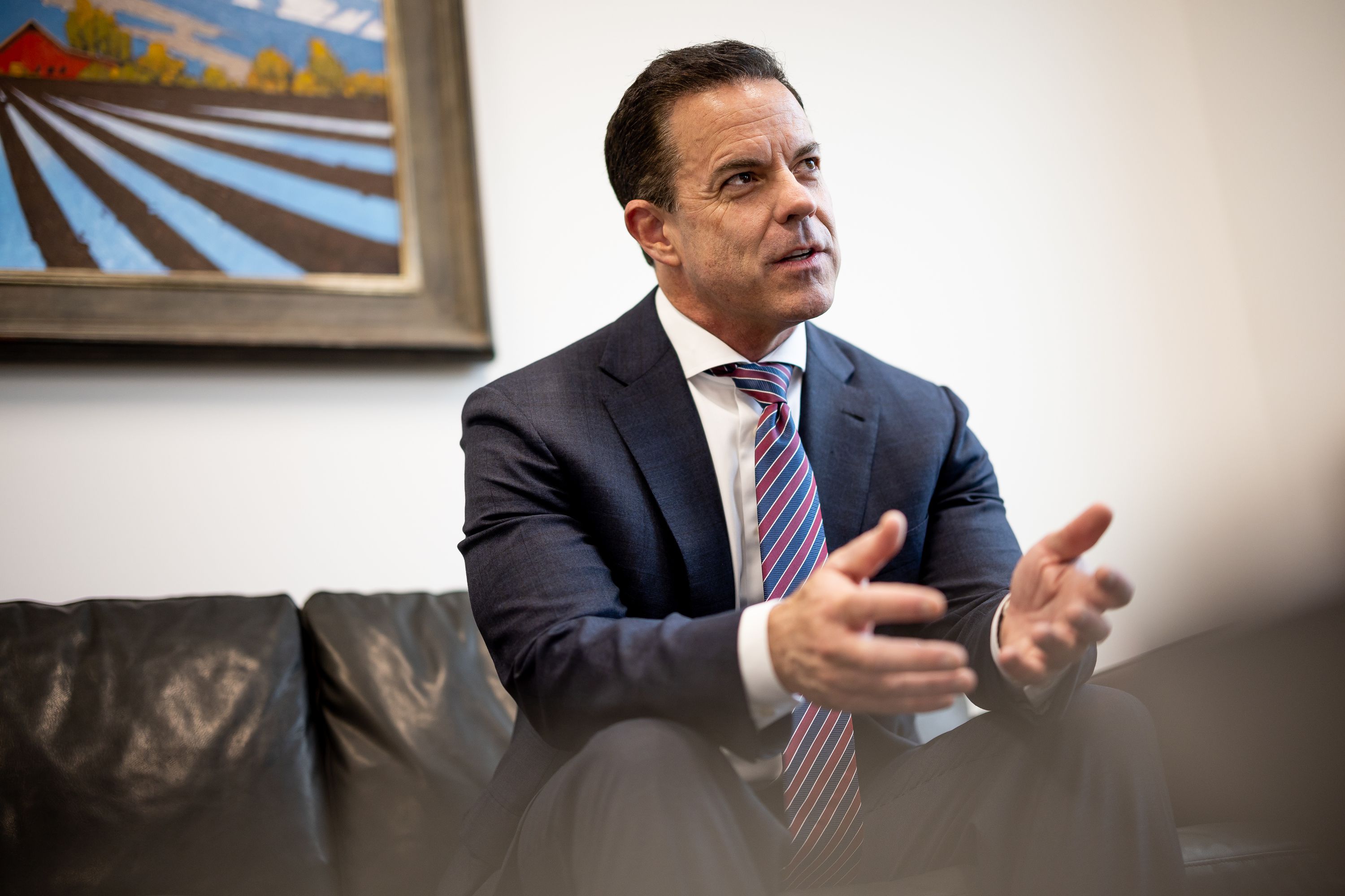 Utah House Speaker Brad Wilson, R-Kaysville, talks to reporters at his business office in Farmington on Thursday.