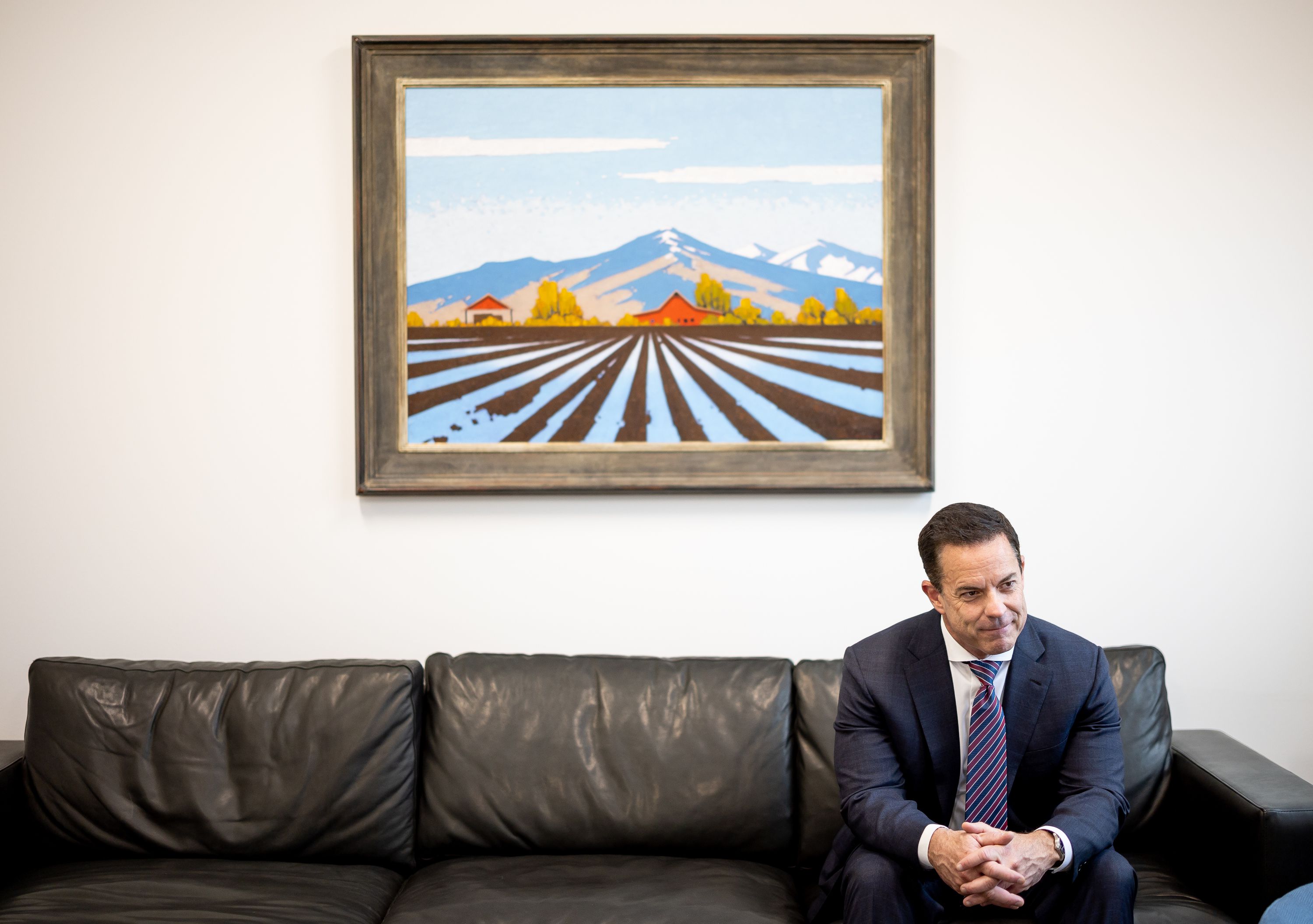 Utah House Speaker Brad Wilson, R-Kaysville, talks to reporters at his business office in Farmington on Thursday.